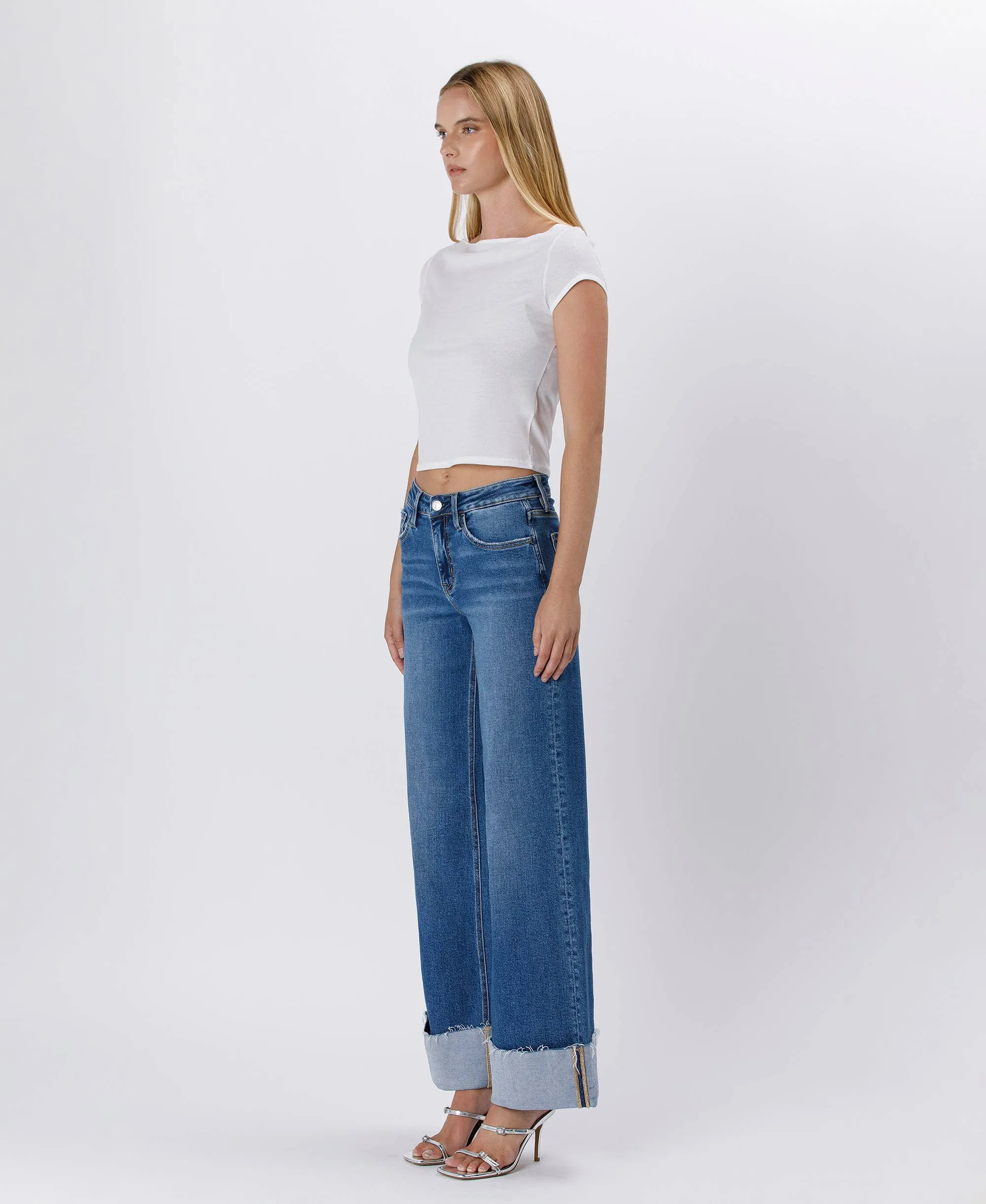 High Rise Cuffed Wide Leg Jeans