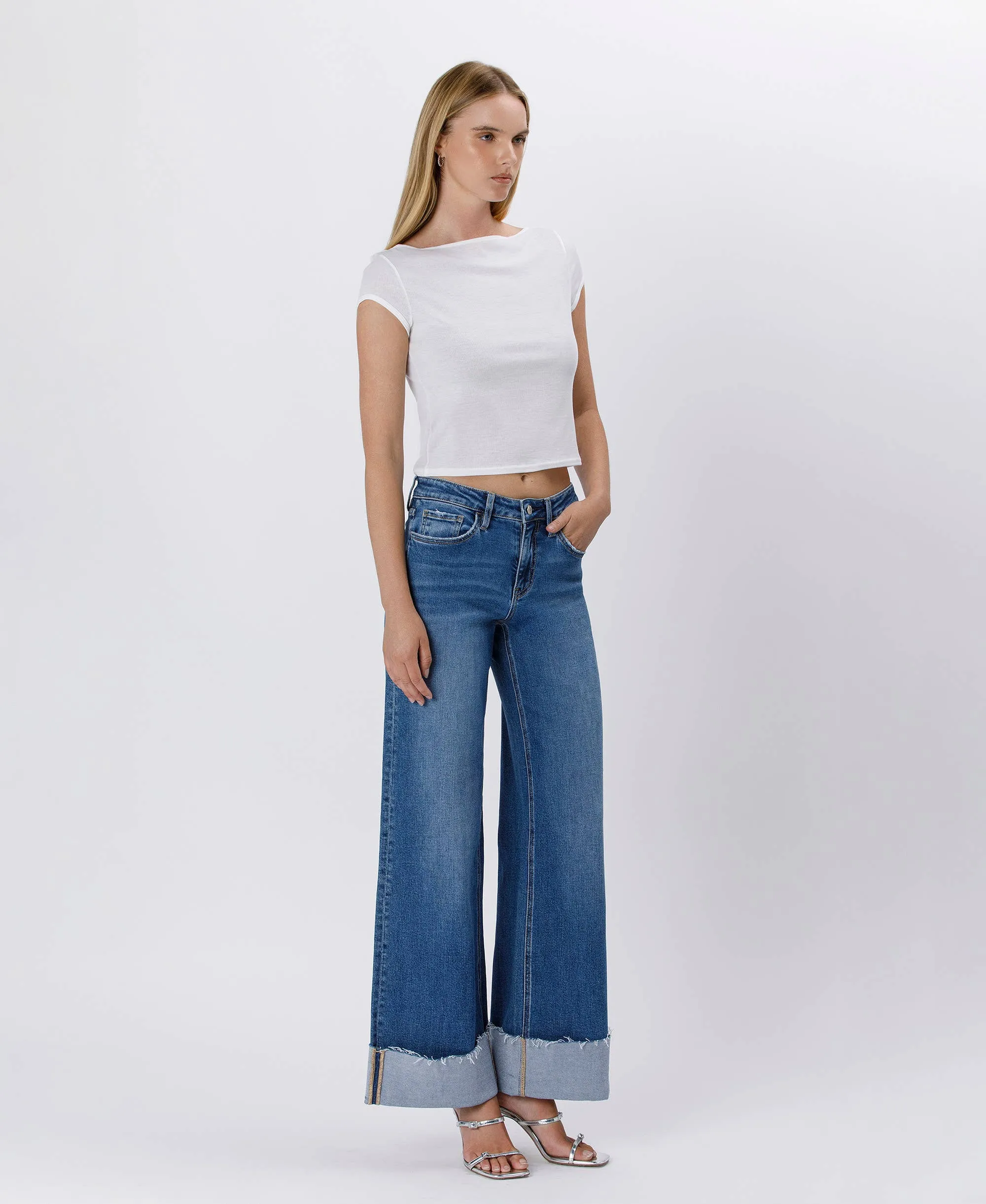 High Rise Cuffed Wide Leg Jeans