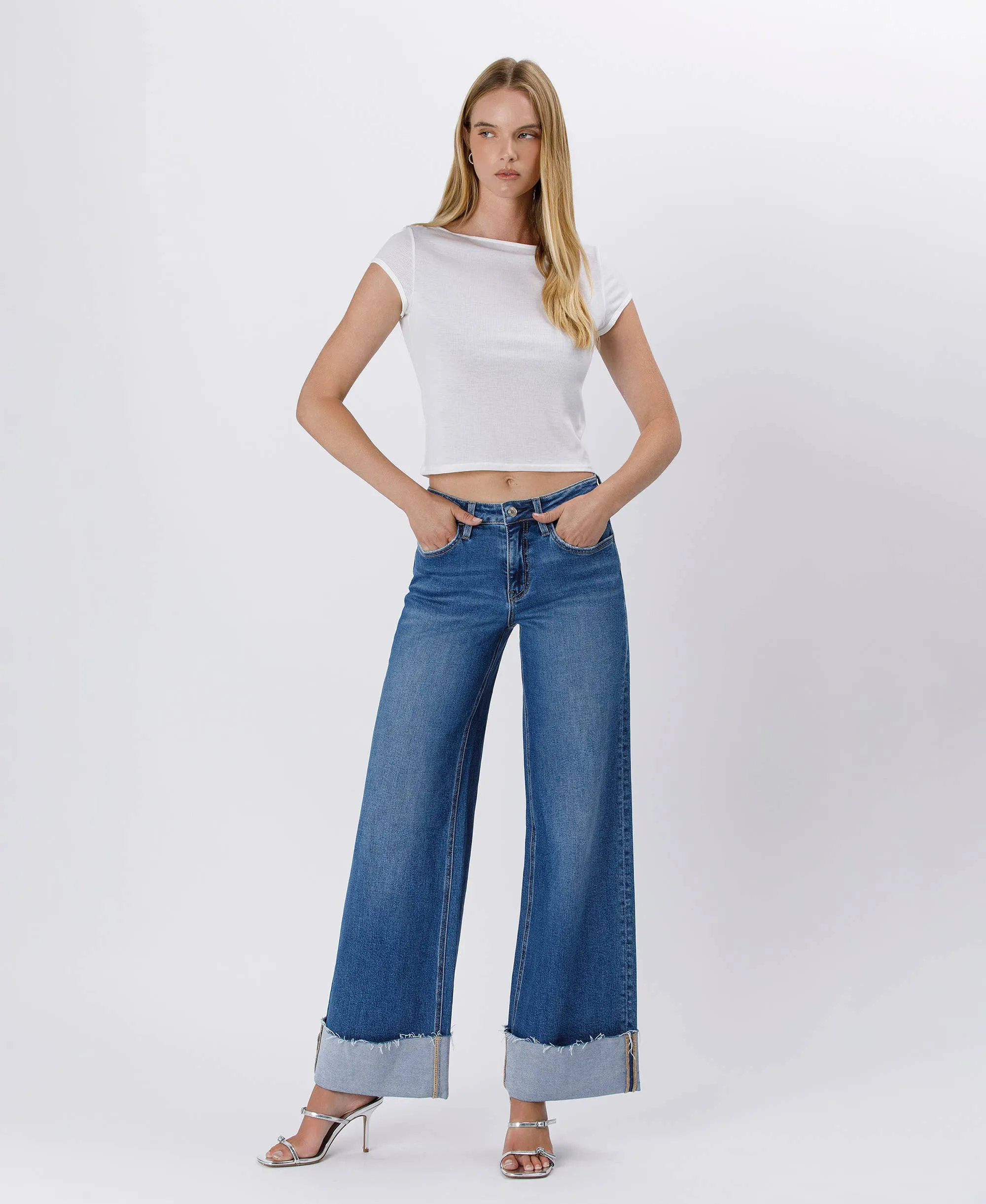 High Rise Cuffed Wide Leg Jeans