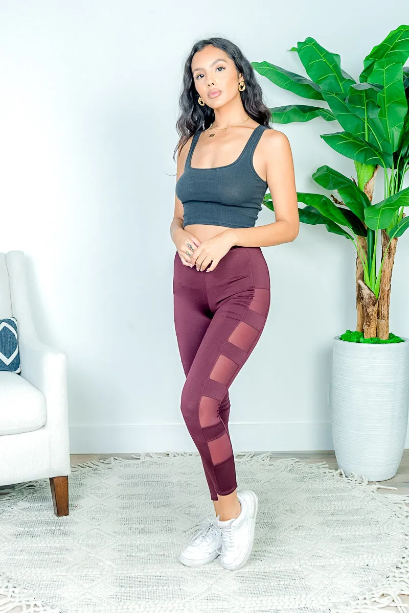 High Waist 7/8 Compression Leggings with Mesh Panel Detail along Side Leg in Burgundy (AP-67278)