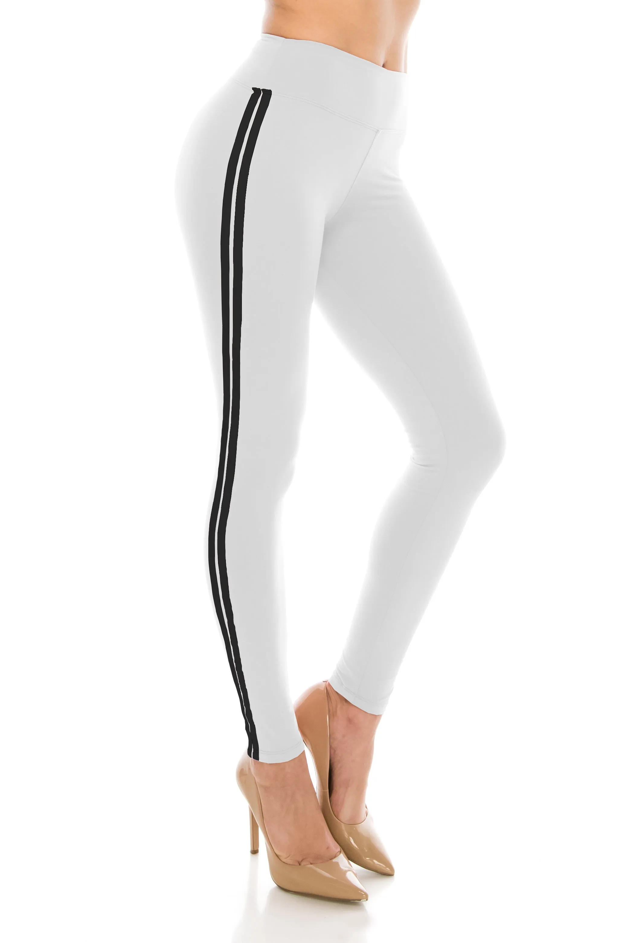 High Waisted Leggings - Two White Stripe