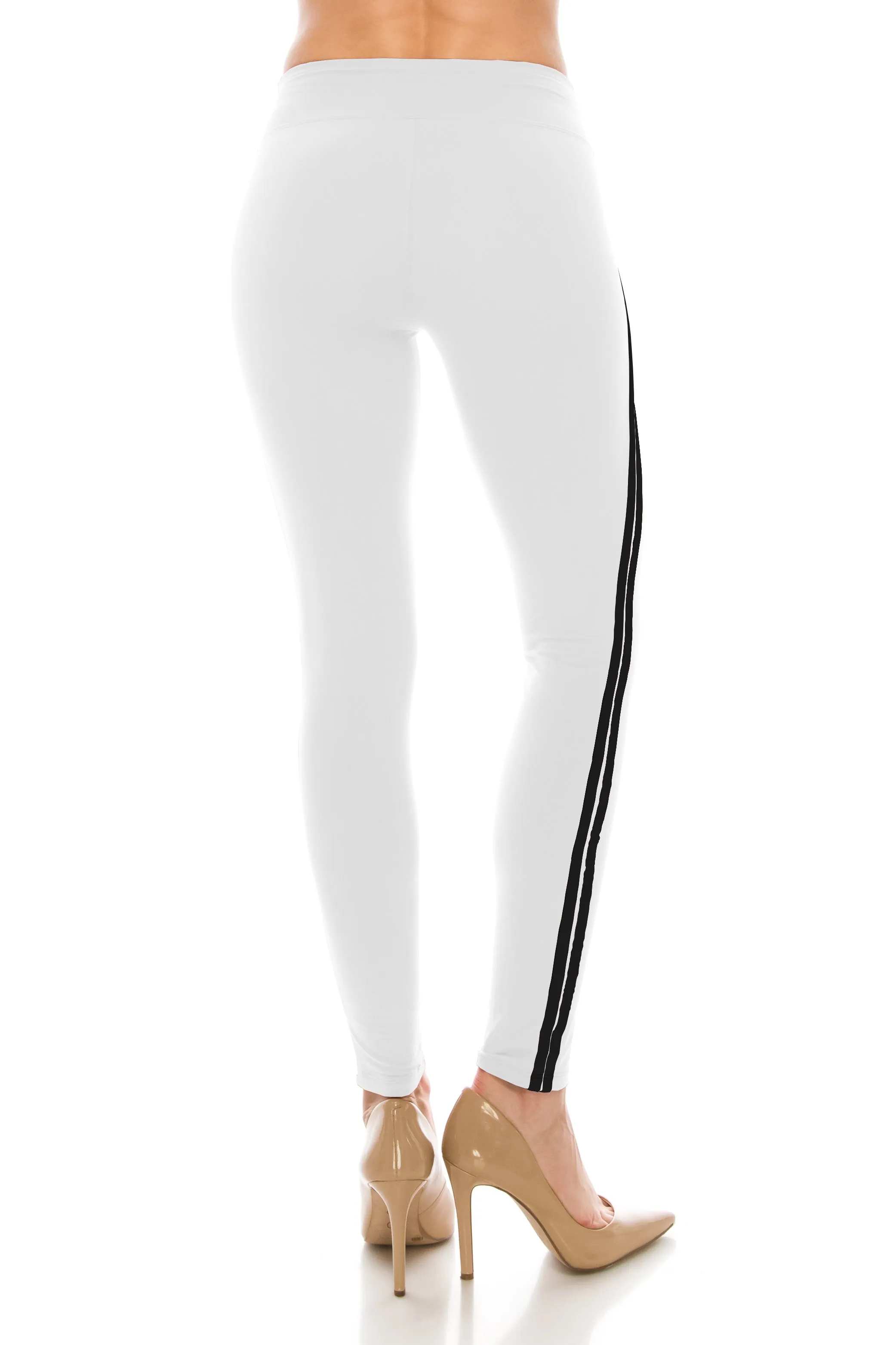 High Waisted Leggings - Two White Stripe