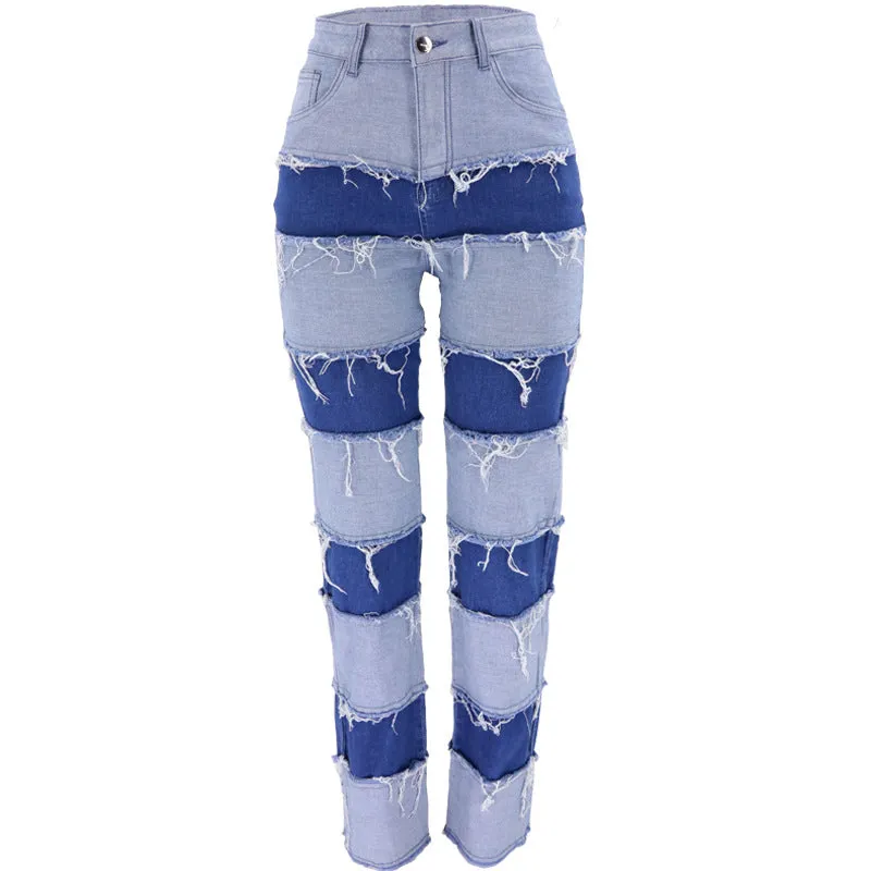 High Waisted Women's Straight Jeans Two Tone Jeans Patchwork Jeans