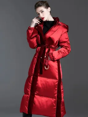 Hooded Patchwork Velvet Long Down Puffer Coat