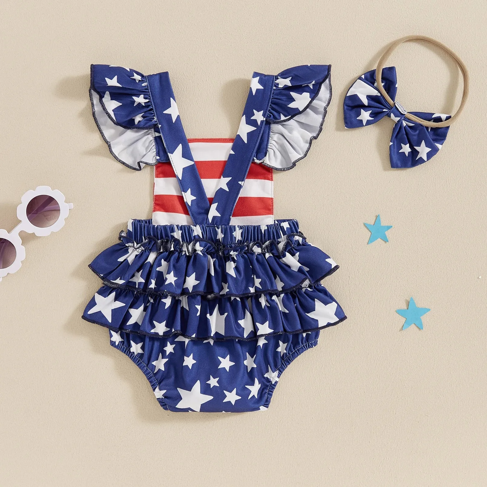 Infant Baby Girls Outfit Rompers 4th Of July Stars Striped Ruffle Sleeve Romper Jumpsuit With Hairband