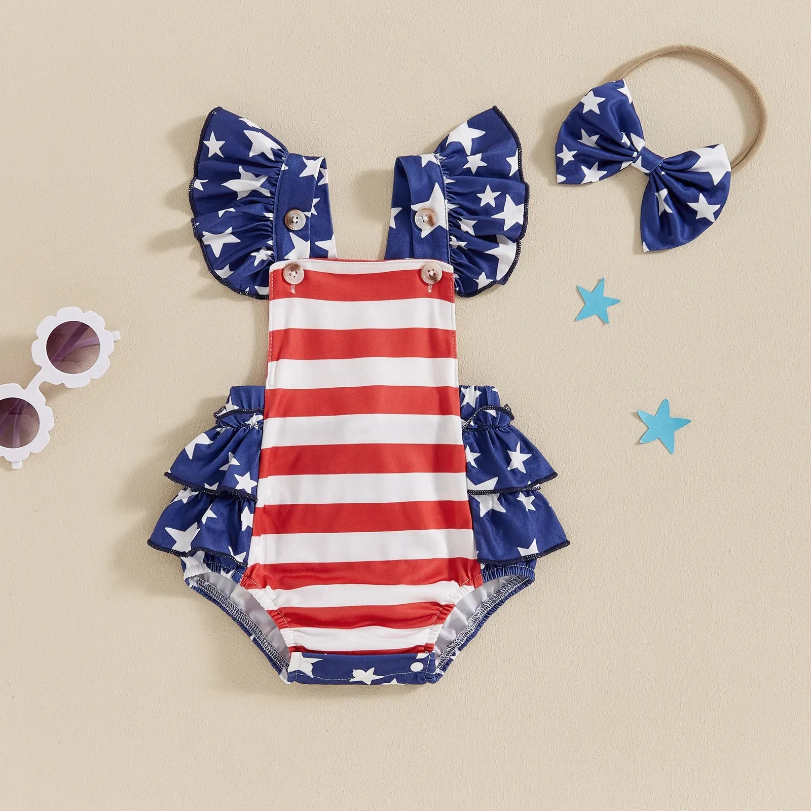 Infant Baby Girls Outfit Rompers 4th Of July Stars Striped Ruffle Sleeve Romper Jumpsuit With Hairband