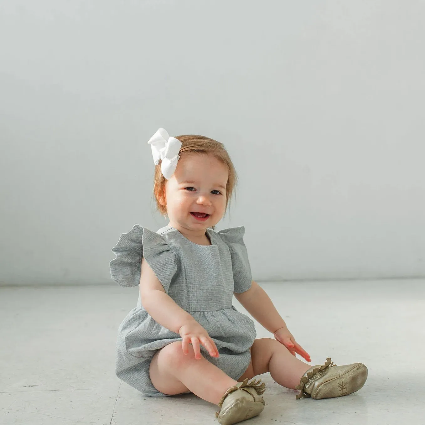 Infant Girl's Light Blue Linen Blend Ruffle Sleeve Romper