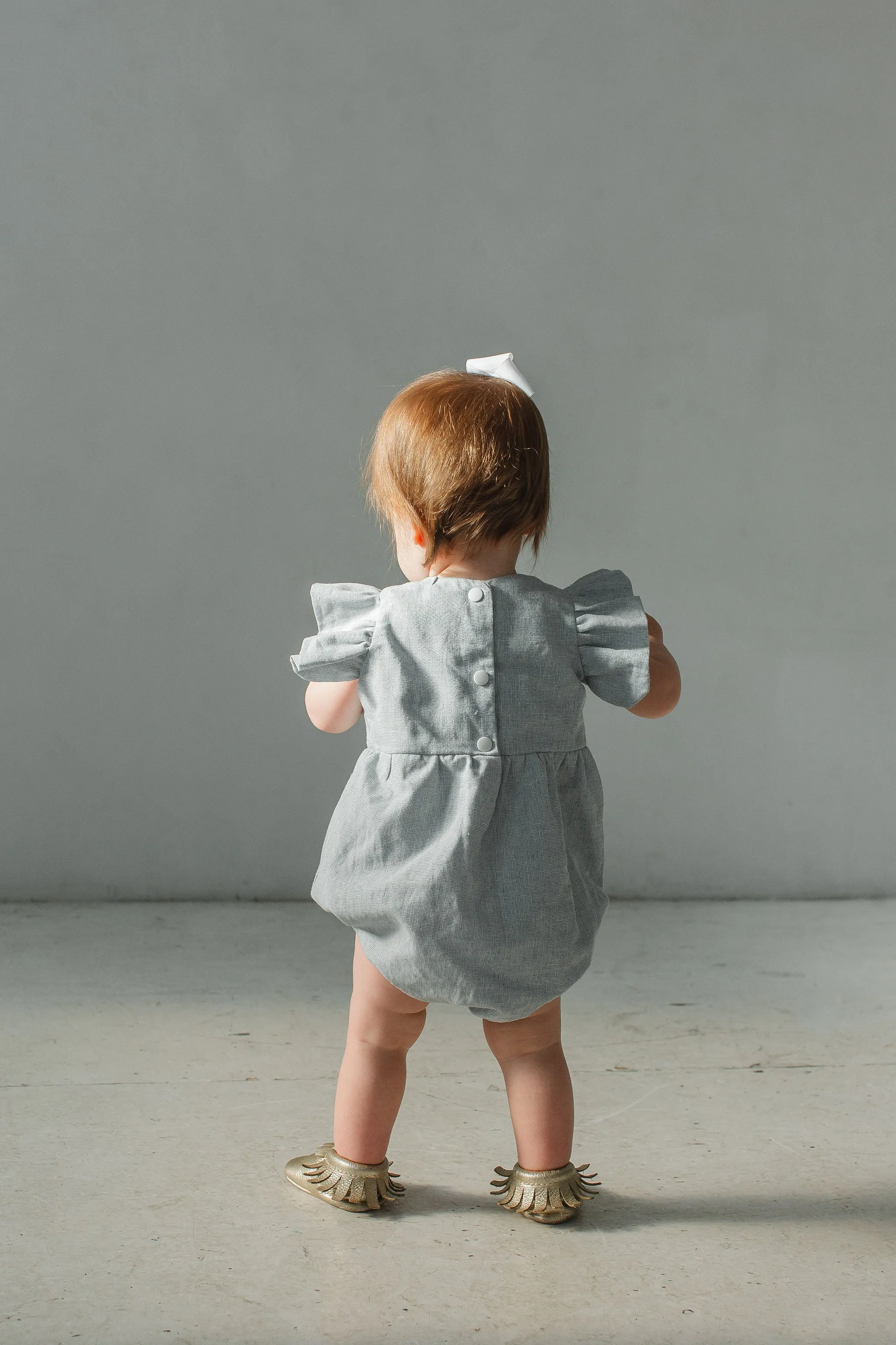 Infant Girl's Light Blue Linen Blend Ruffle Sleeve Romper