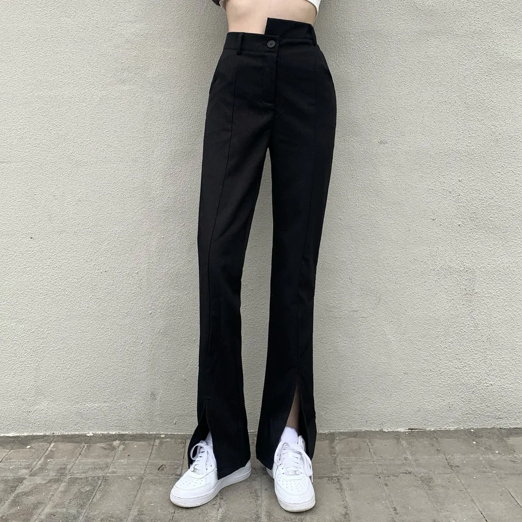 Irregular High-Waist Straight-Leg Split Trousers