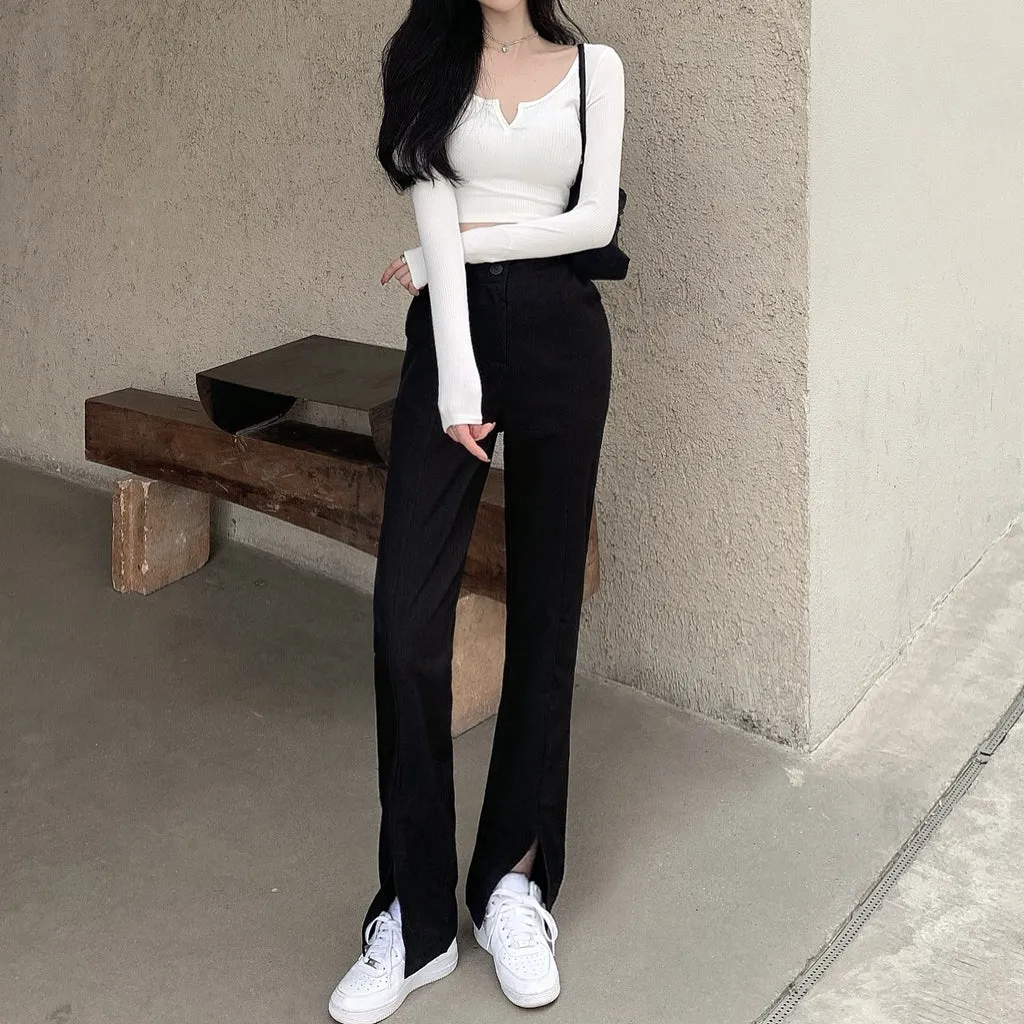 Irregular High-Waist Straight-Leg Split Trousers