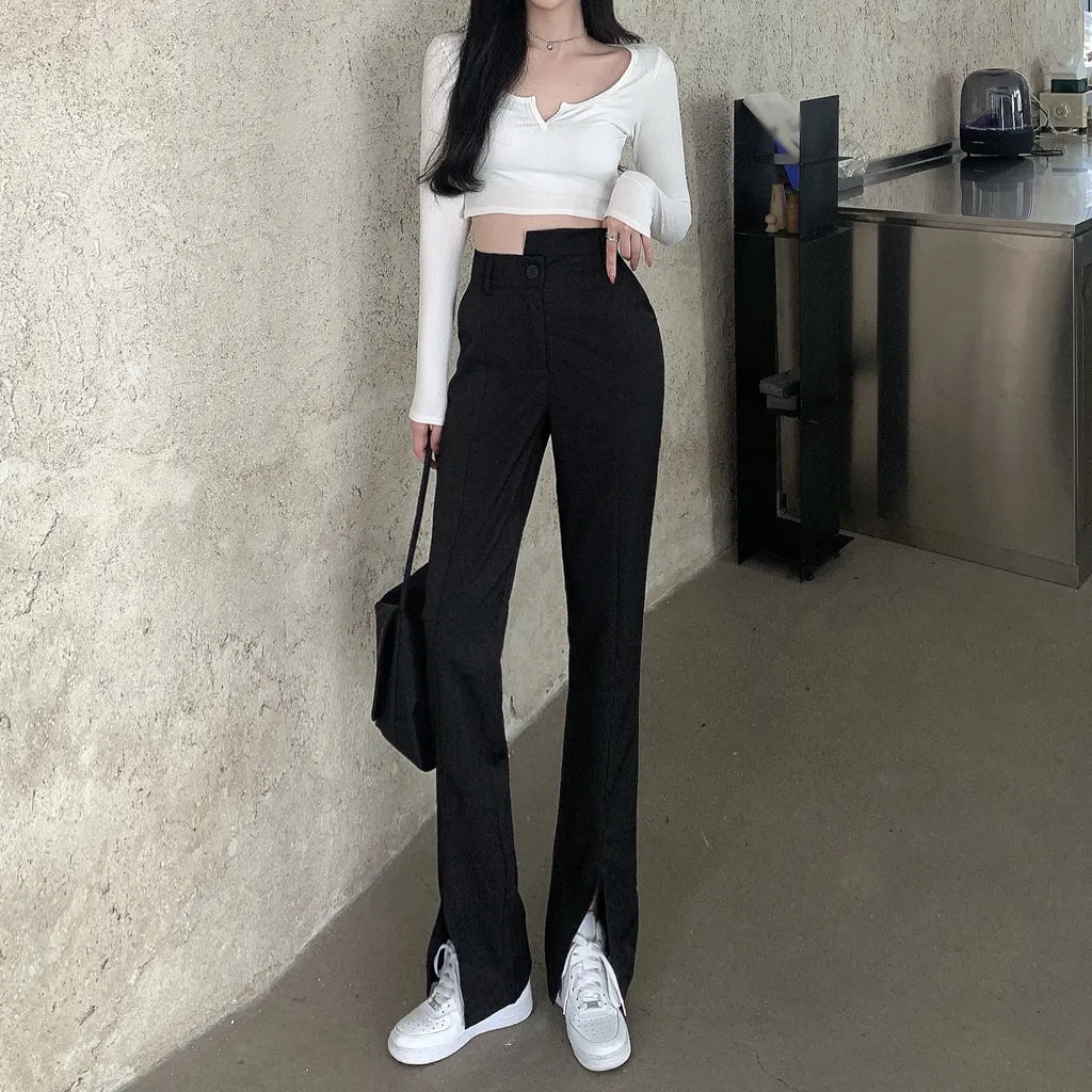 Irregular High-Waist Straight-Leg Split Trousers