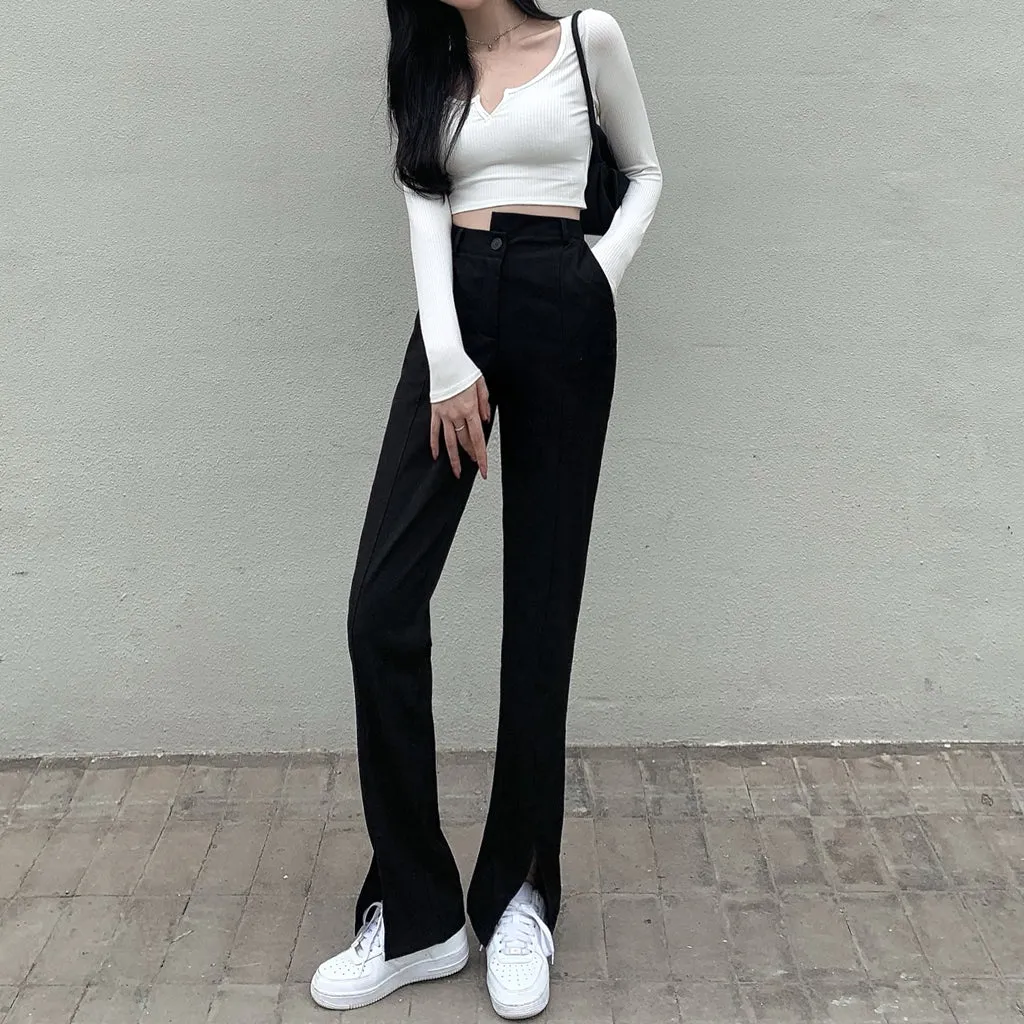 Irregular High-Waist Straight-Leg Split Trousers