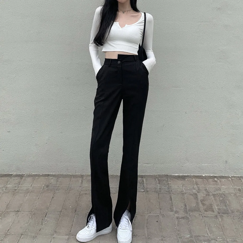 Irregular High-Waist Straight-Leg Split Trousers