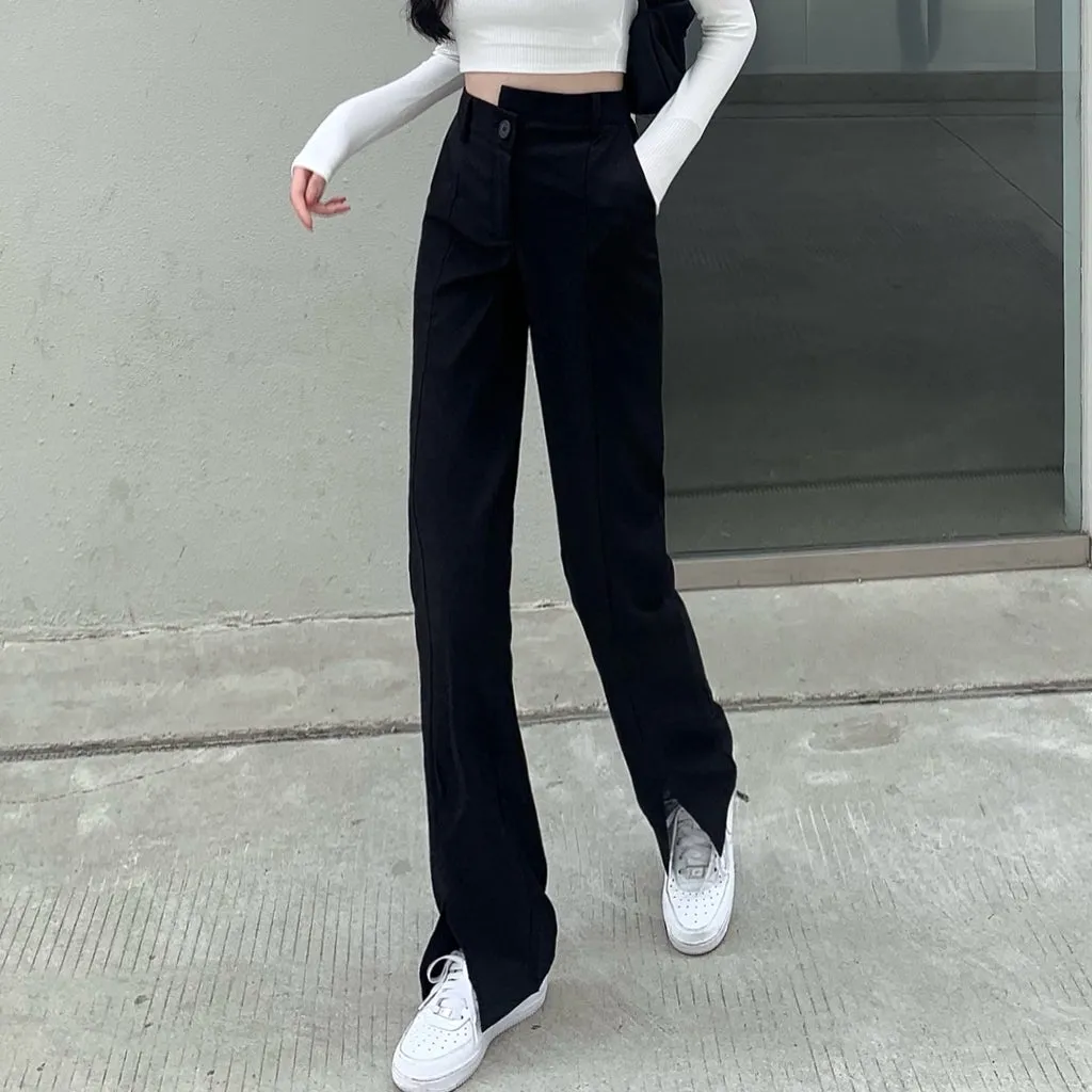 Irregular High-Waist Straight-Leg Split Trousers