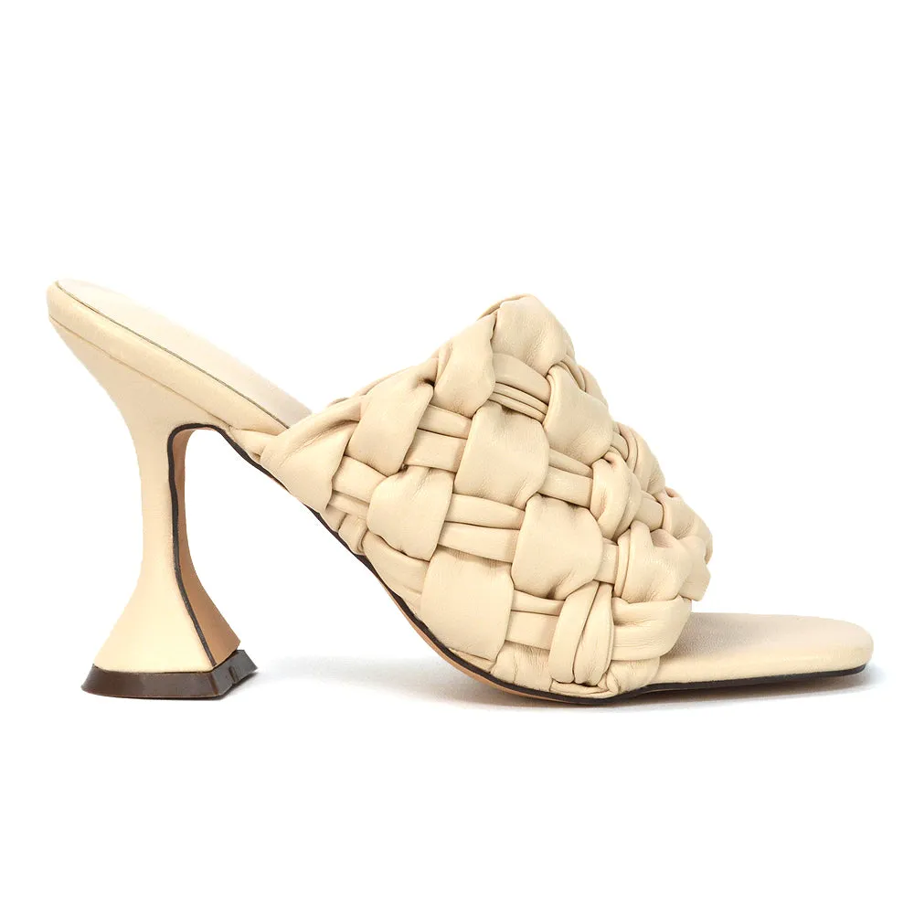 Jaci Woven Sandal Strap Square Toe Sculptured Flared Low mid High Heel Mules in Nude Synthetic Leather