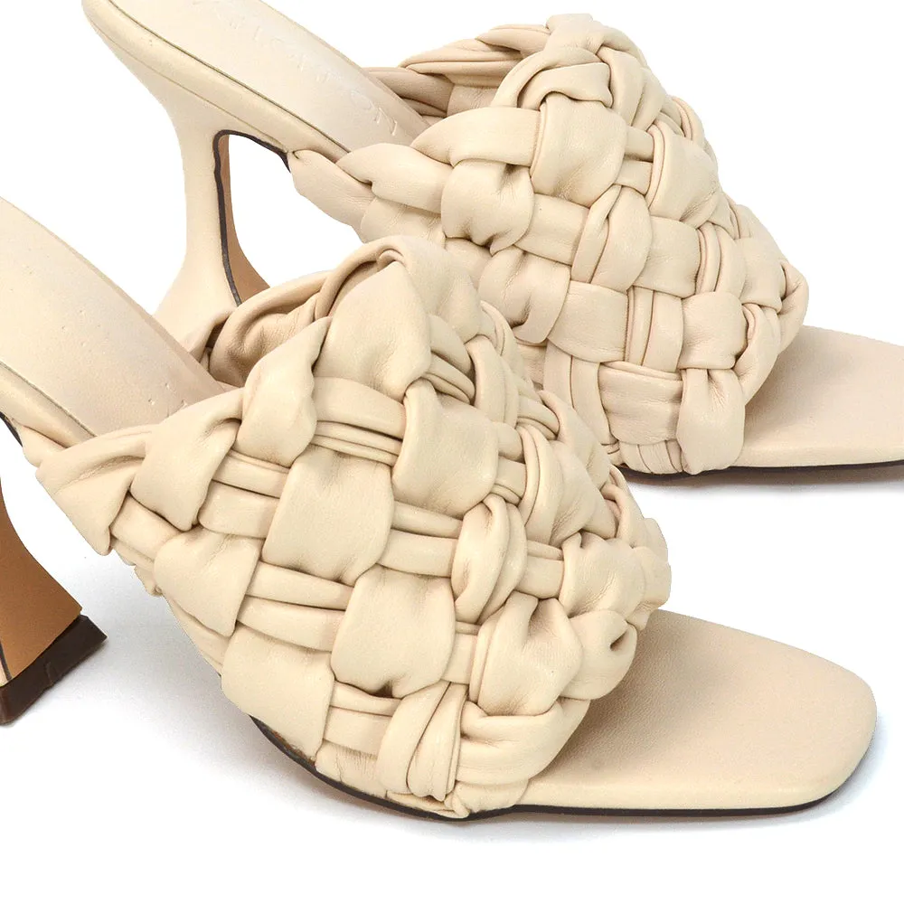 Jaci Woven Sandal Strap Square Toe Sculptured Flared Low mid High Heel Mules in Nude Synthetic Leather