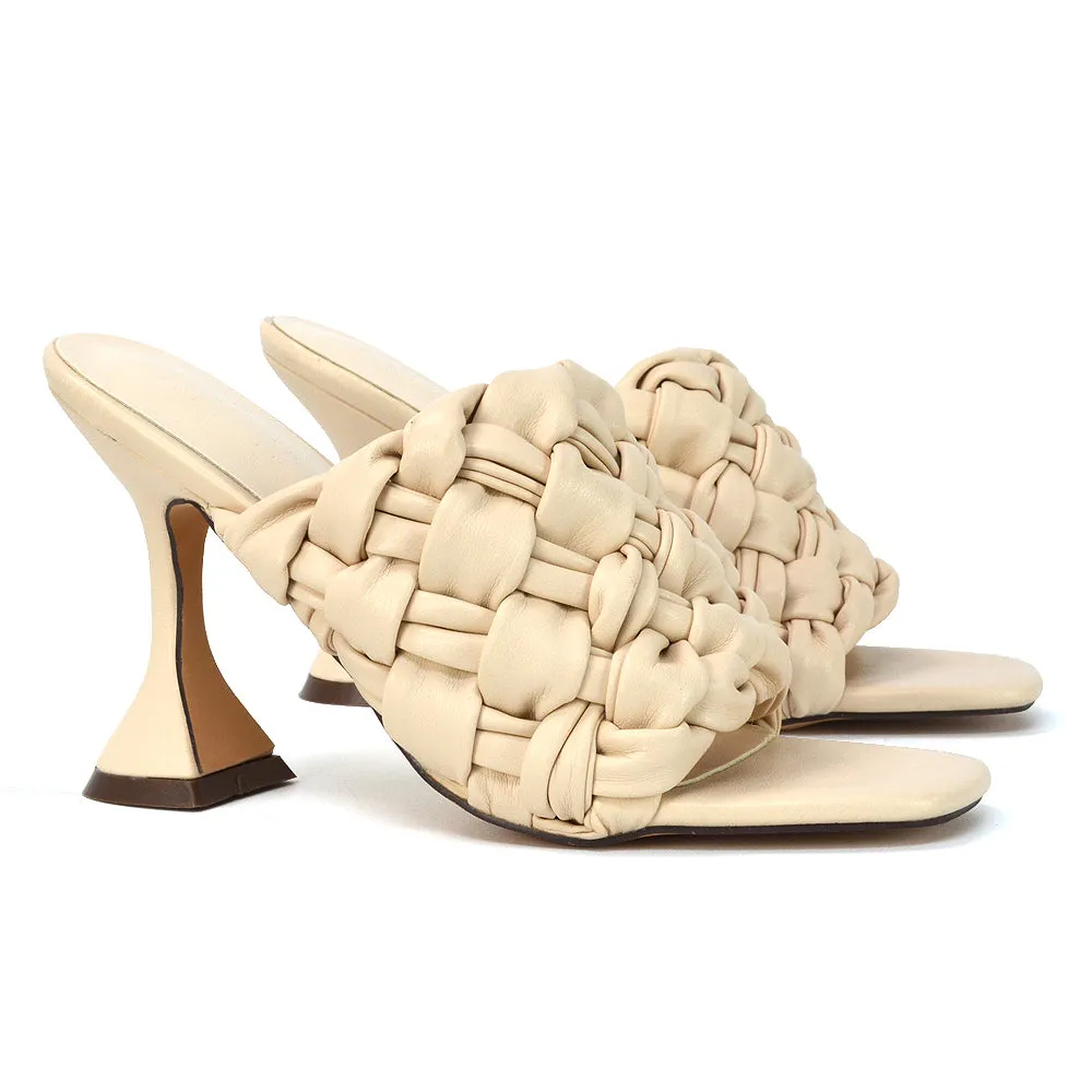 Jaci Woven Sandal Strap Square Toe Sculptured Flared Low mid High Heel Mules in Nude Synthetic Leather