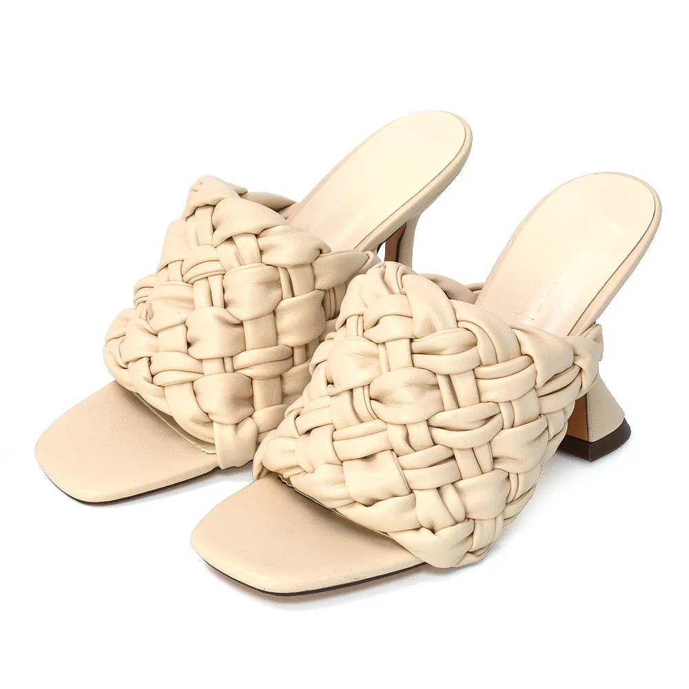 Jaci Woven Sandal Strap Square Toe Sculptured Flared Low mid High Heel Mules in Nude Synthetic Leather