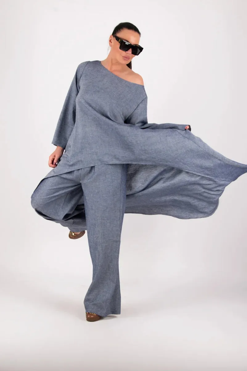 Jeans blue wide linen pants JESIKA