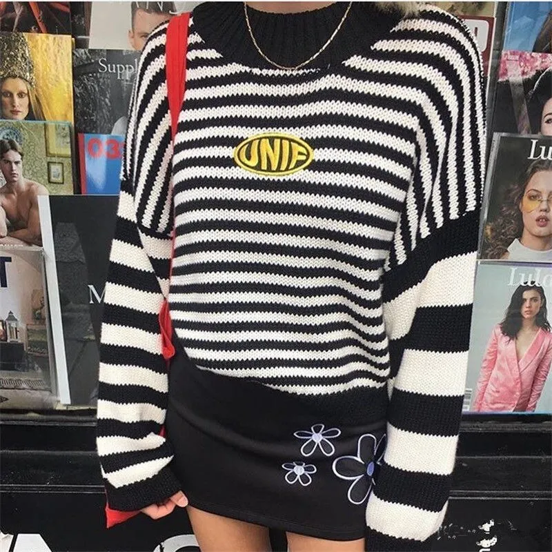 Joskaa Christmas Gift JMPRS Fashion Striped Women Sweater Winter 2024 Harajuku Pullover Cute Knitted Coats High Street Black Blue Long Sleeve Jumper