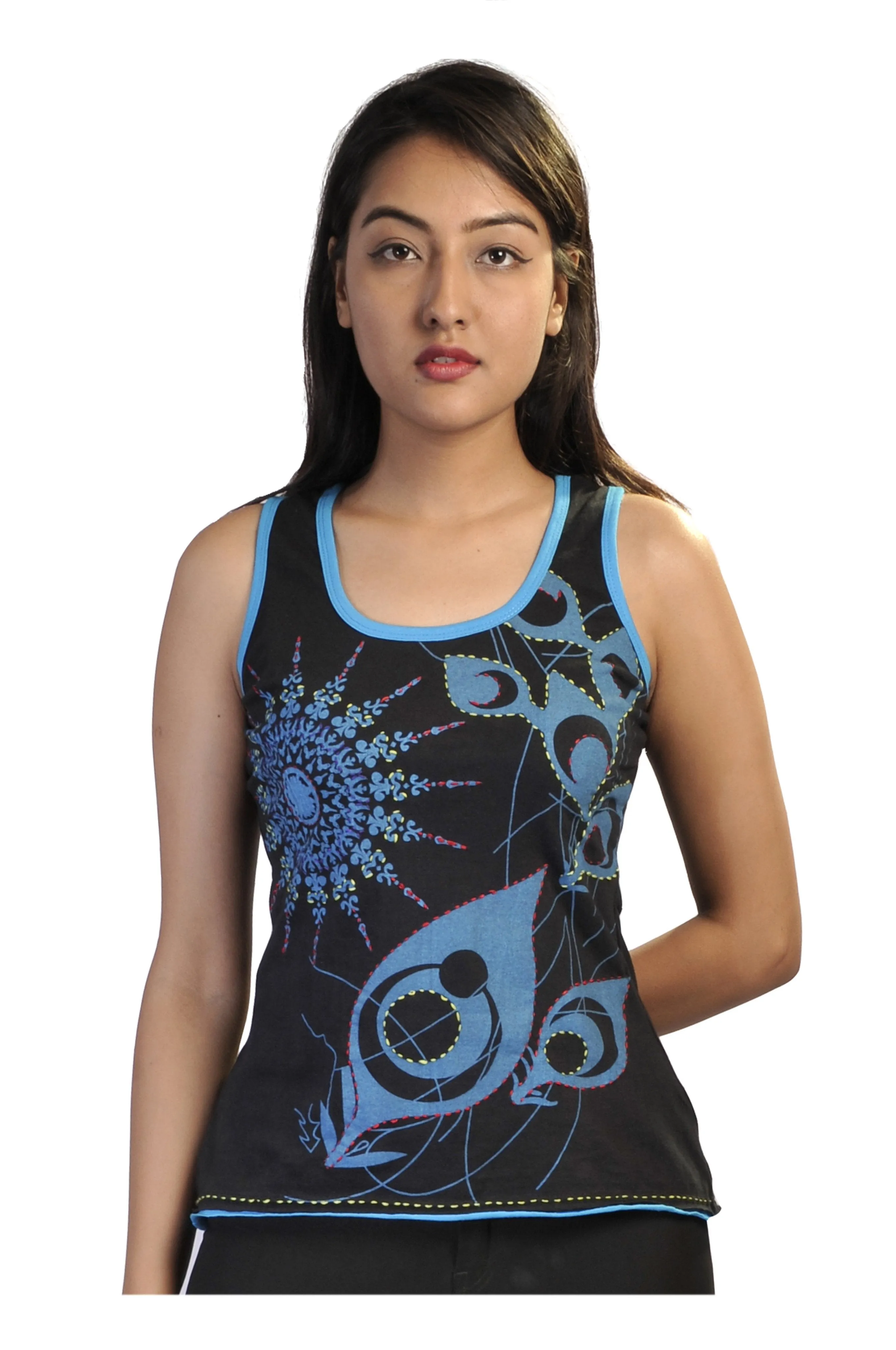 ladies-sleeveless-tank-tops-with-peacock-feather-inspired-print-and-outline-embroidery-lmn6010