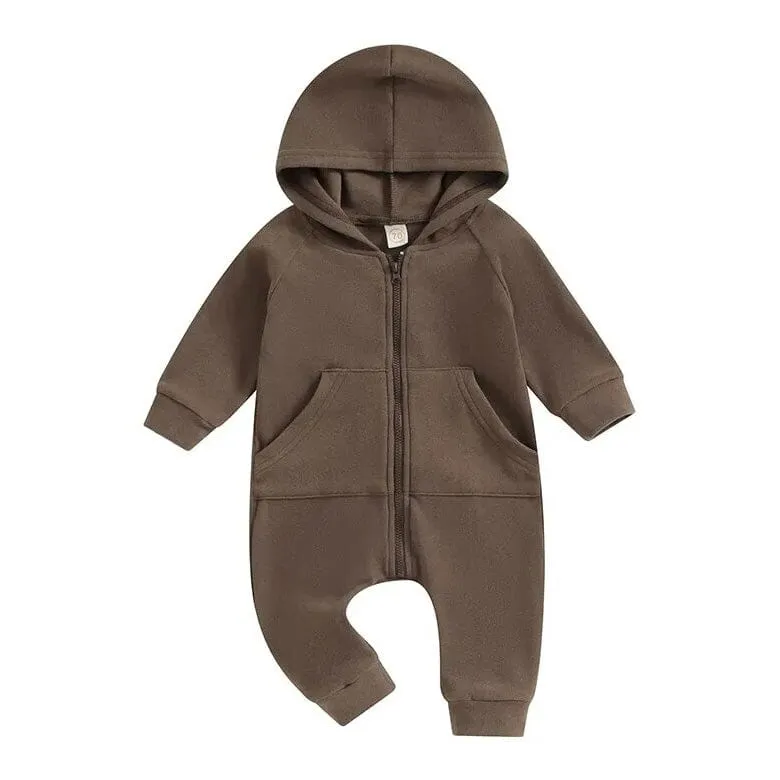 Long Sleeve Solid Hooded Baby Jumpsuit