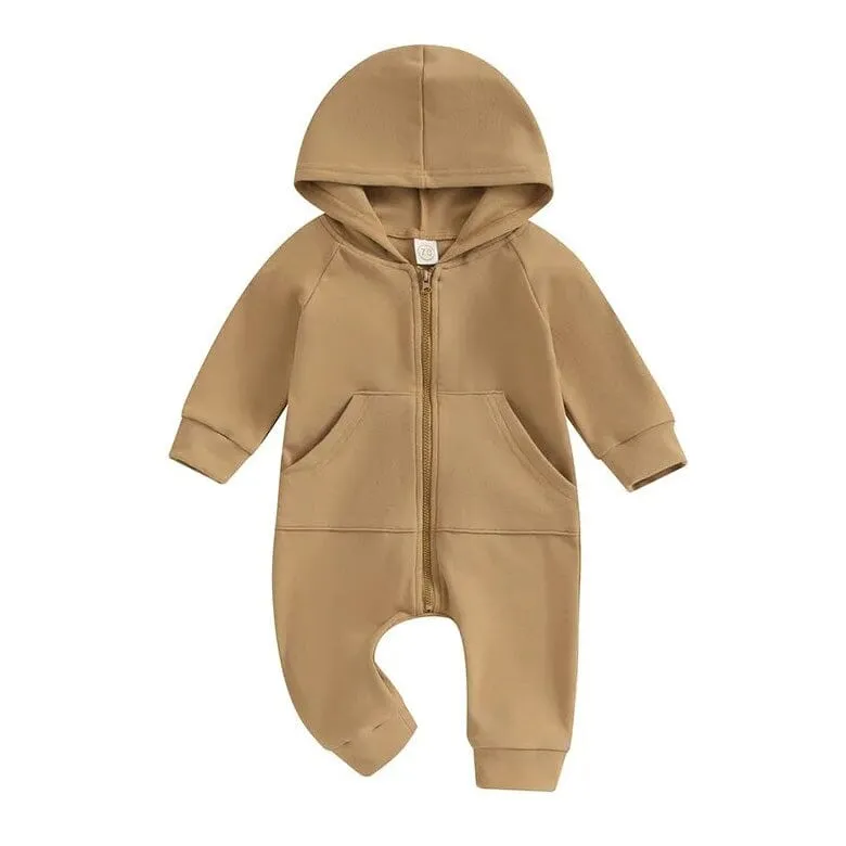 Long Sleeve Solid Hooded Baby Jumpsuit