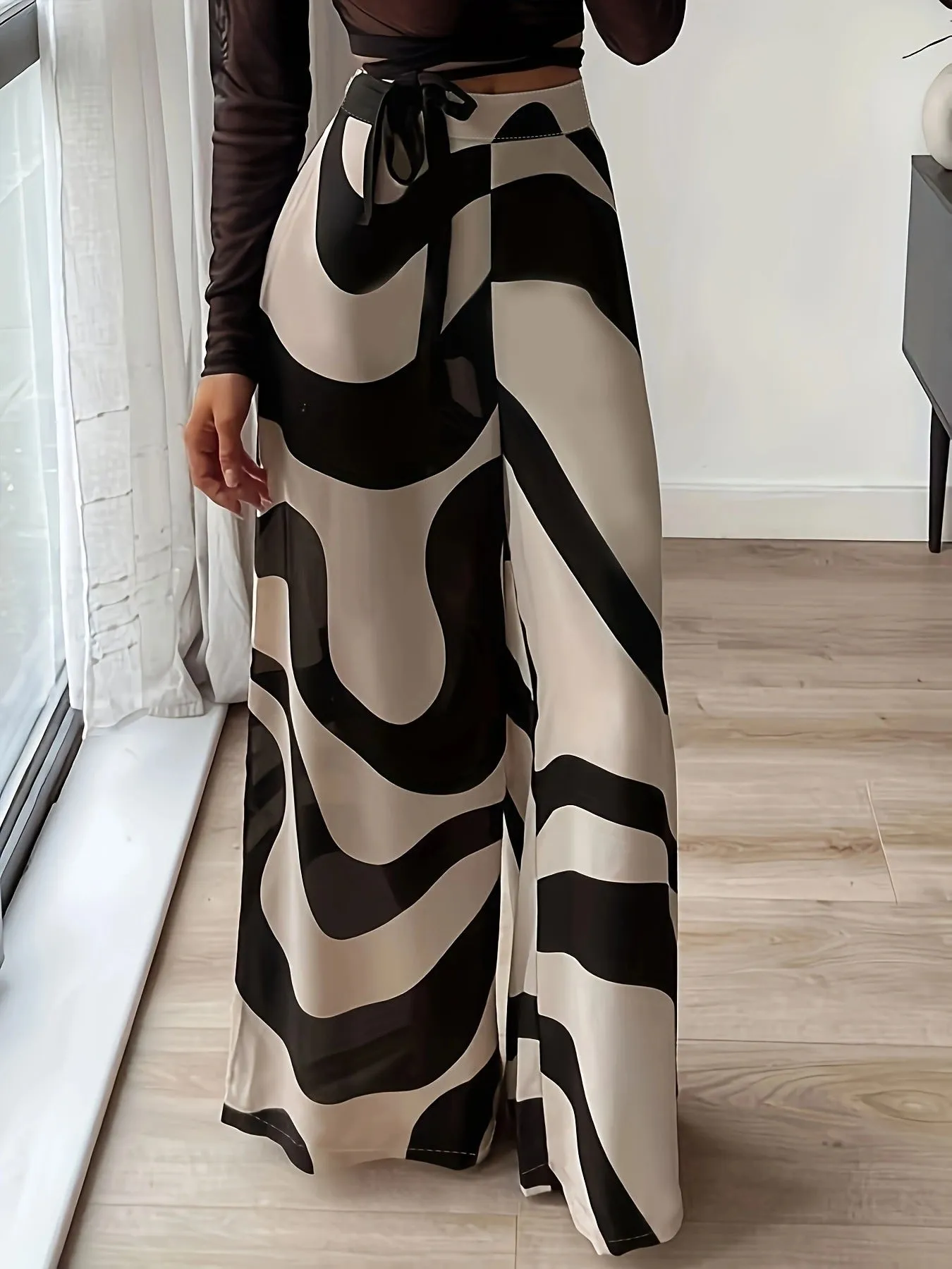 Loose High Waist Wide Leg Printed Straight Casual Pants