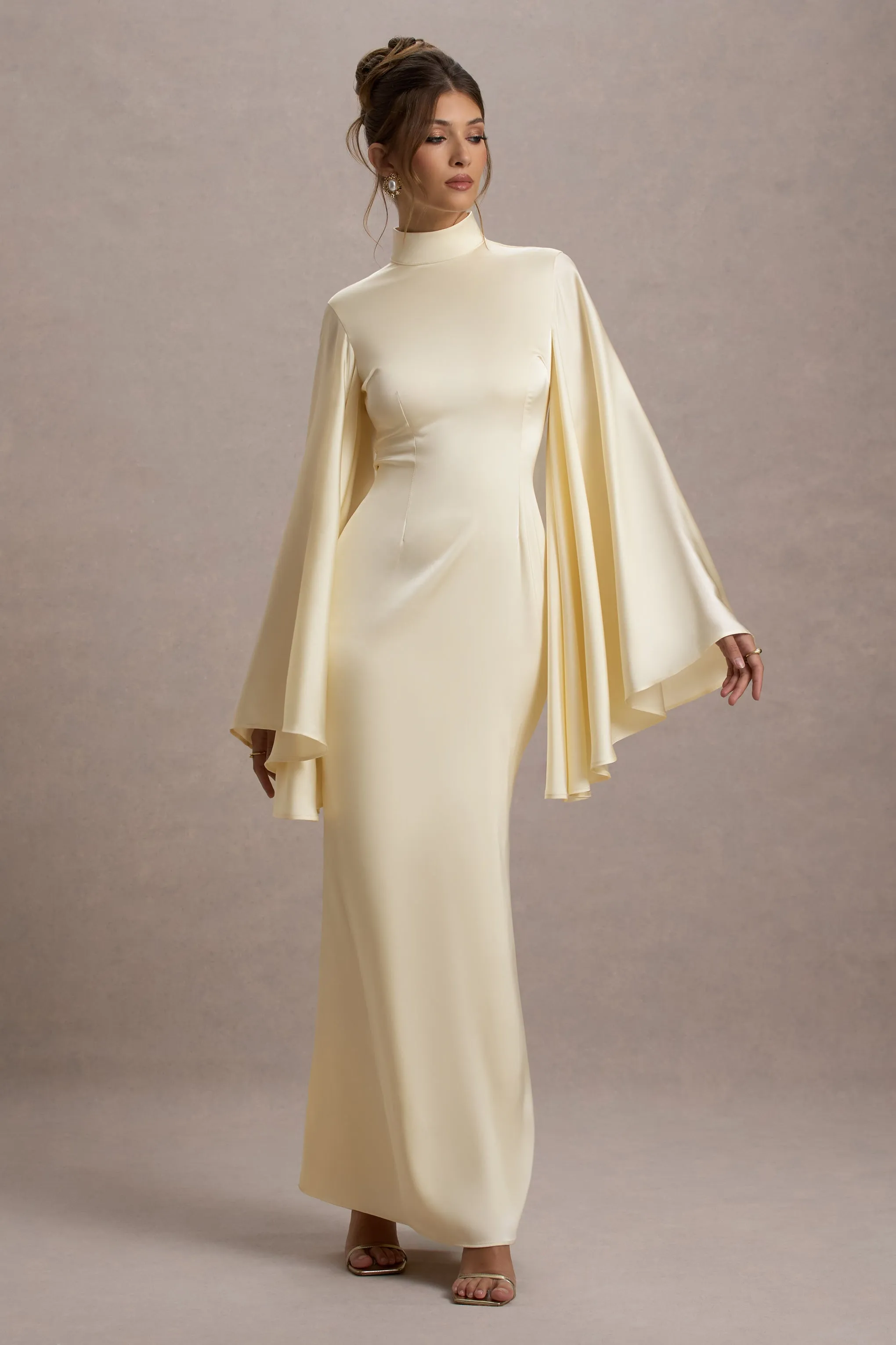 Maceline | Ecru Satin High-Neck Maxi Dress With Cape Sleeves