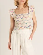 Maisie Embroidery Smocked Ruffle Sleeve Tank Top in Multi