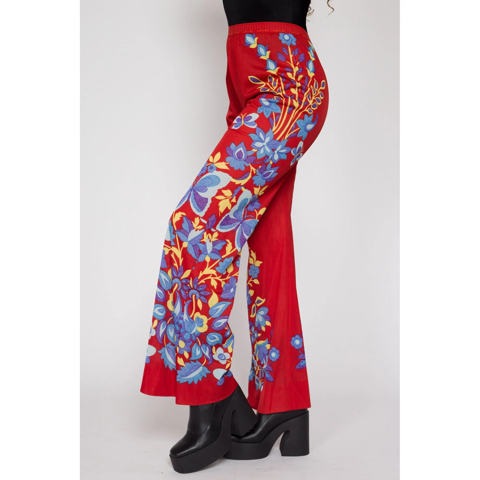 Medium 70s Red Floral & Butterfly Print Lounge Pants