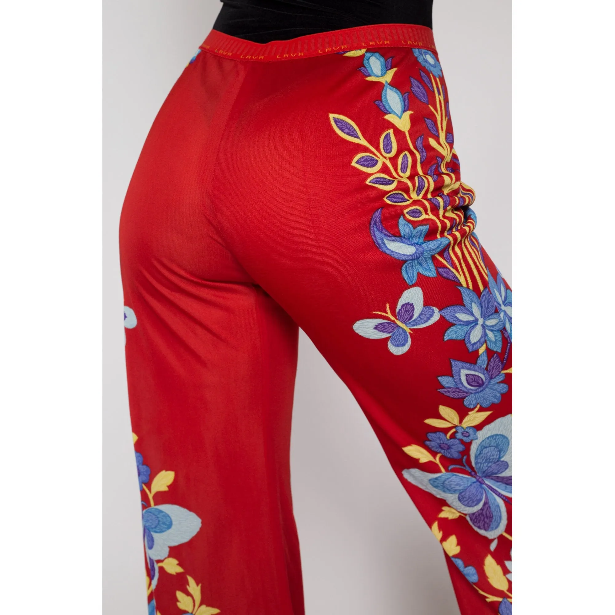 Medium 70s Red Floral & Butterfly Print Lounge Pants