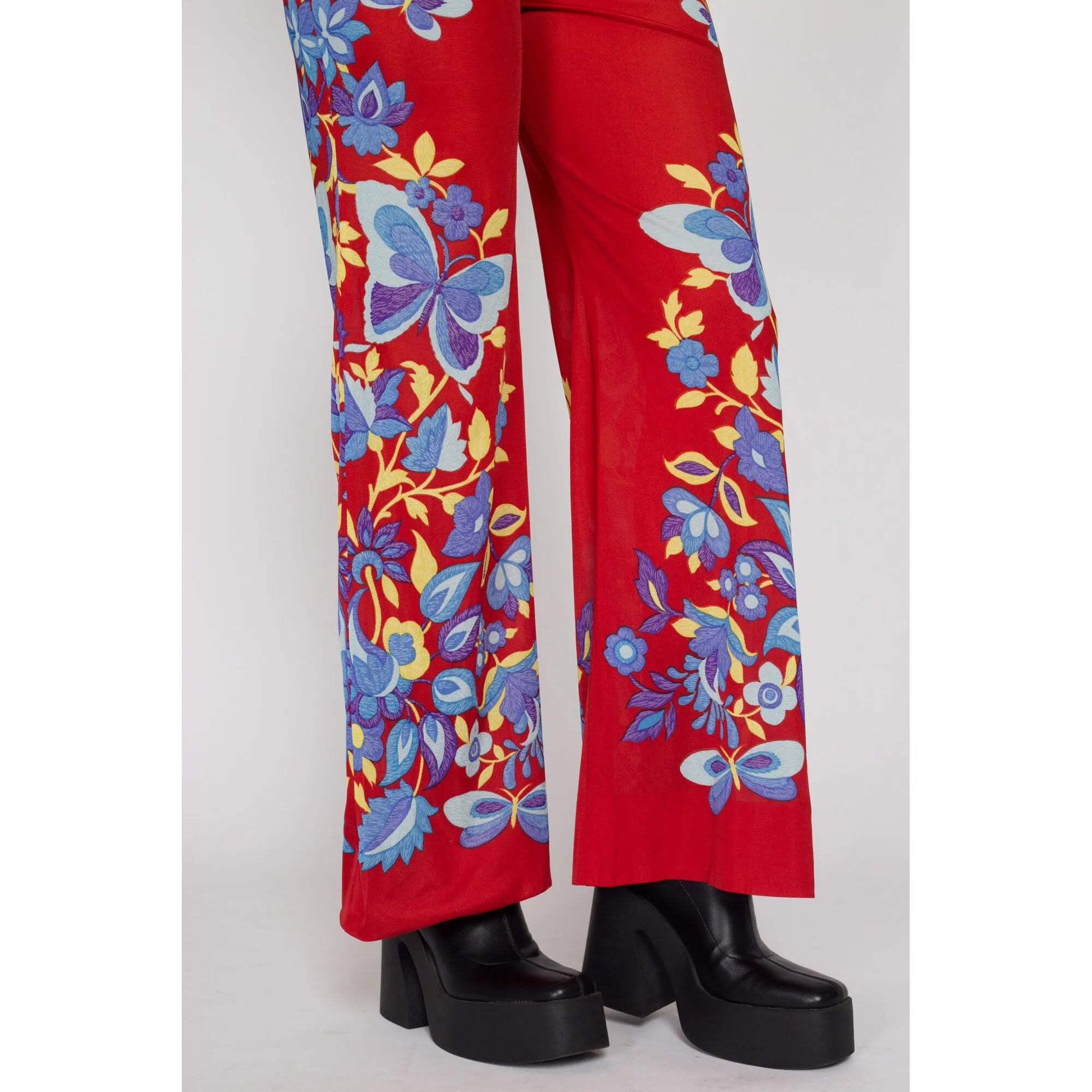 Medium 70s Red Floral & Butterfly Print Lounge Pants