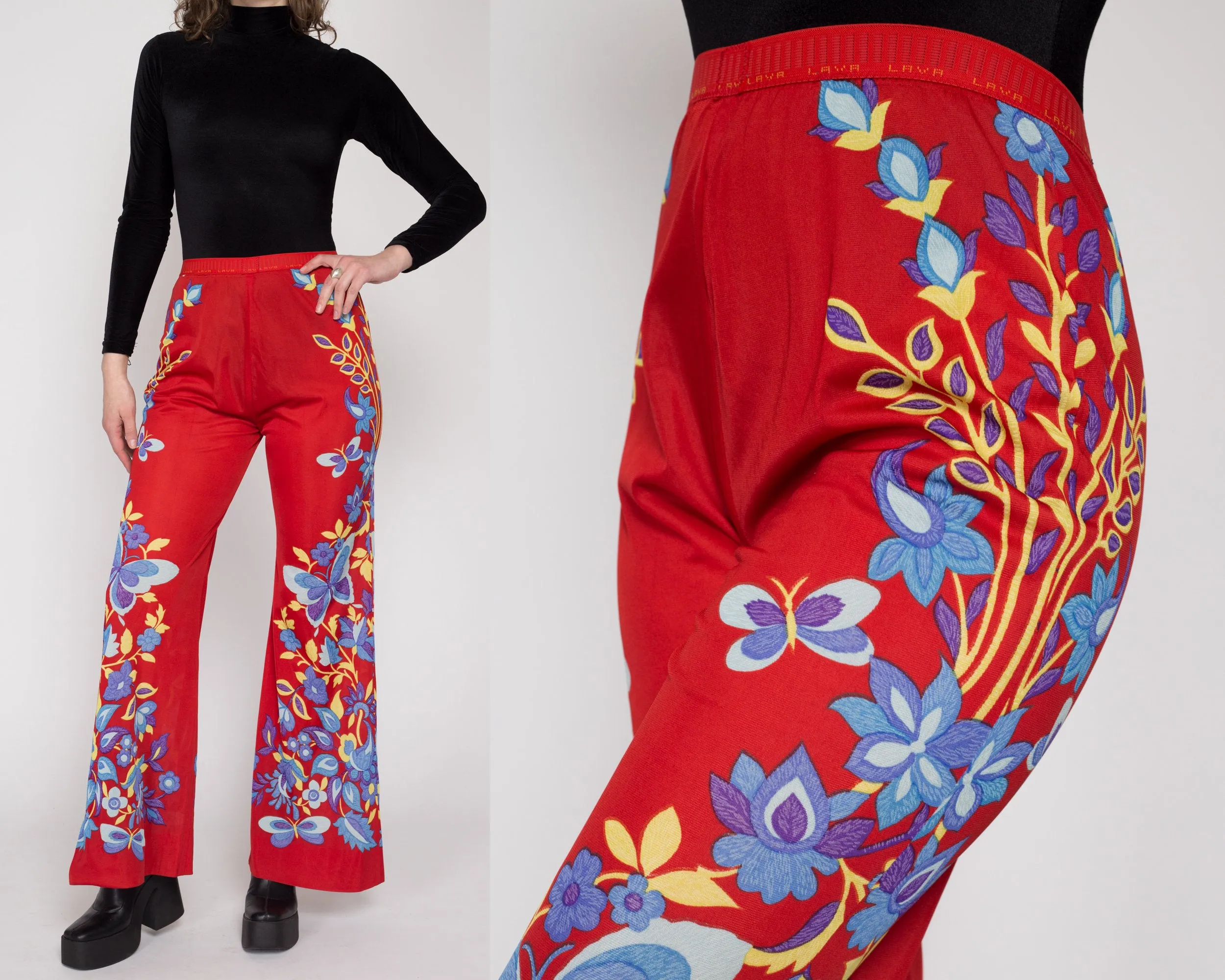 Medium 70s Red Floral & Butterfly Print Lounge Pants