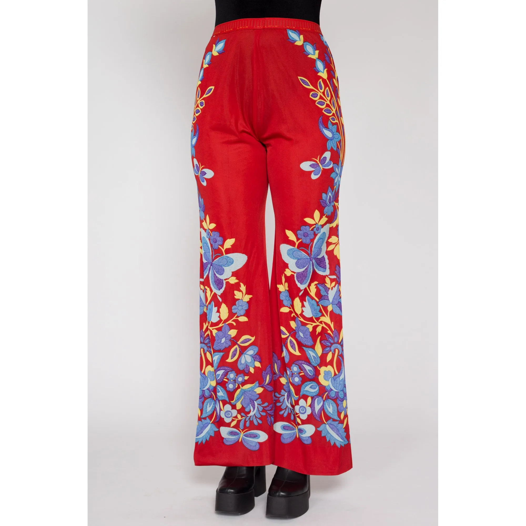 Medium 70s Red Floral & Butterfly Print Lounge Pants