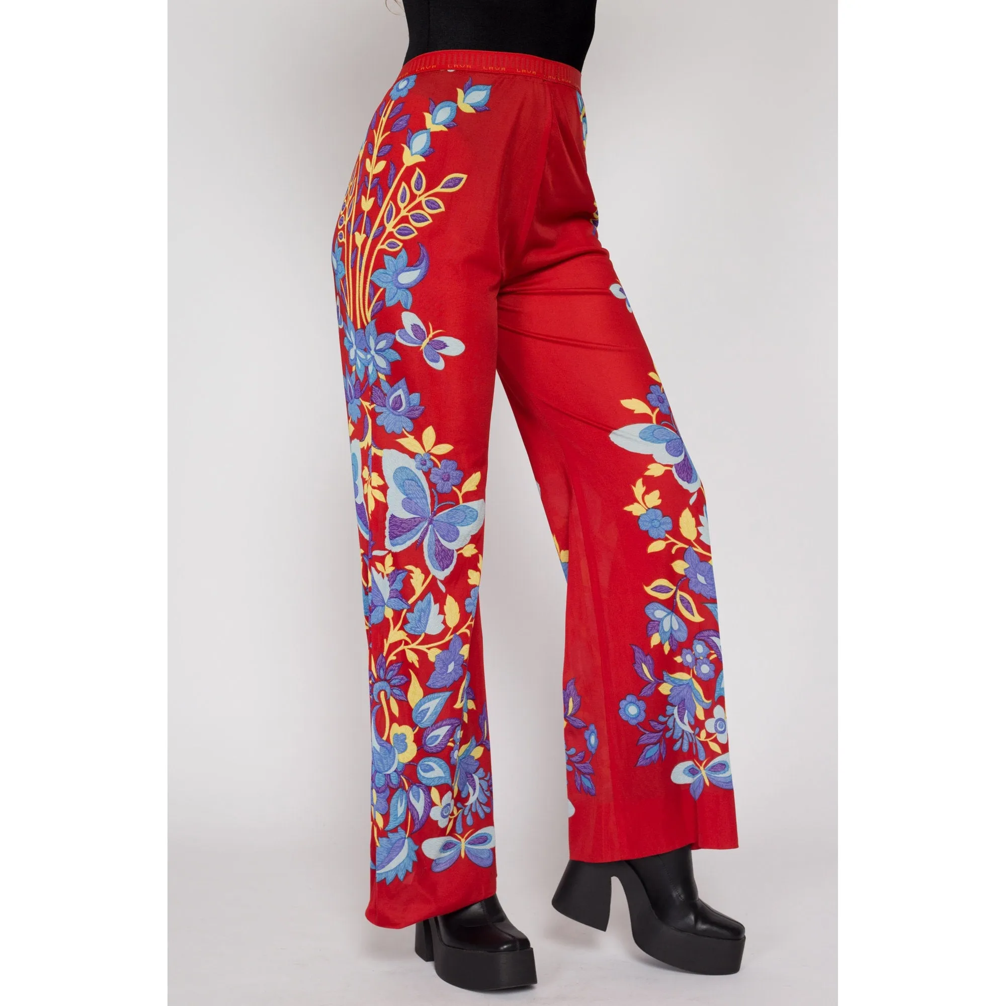 Medium 70s Red Floral & Butterfly Print Lounge Pants