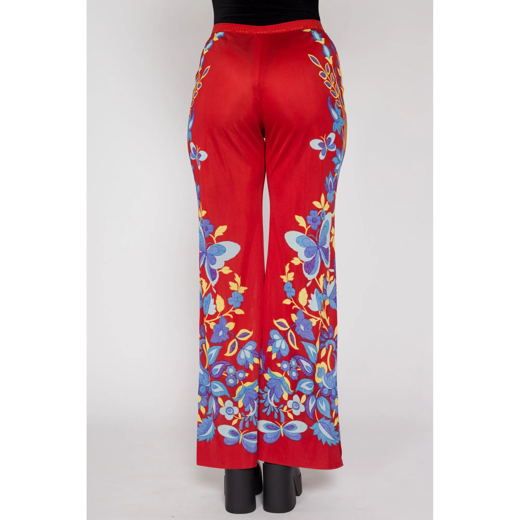 Medium 70s Red Floral & Butterfly Print Lounge Pants