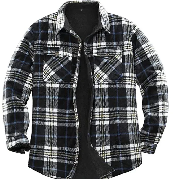 Men's Black/Grey Plaid Warm Sherpa Lined Fleece Jacket