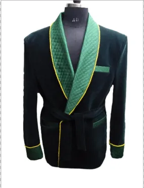 Men's Elegant Quilted Green Velvet Jacket Hosting Evening Party Wear Coat