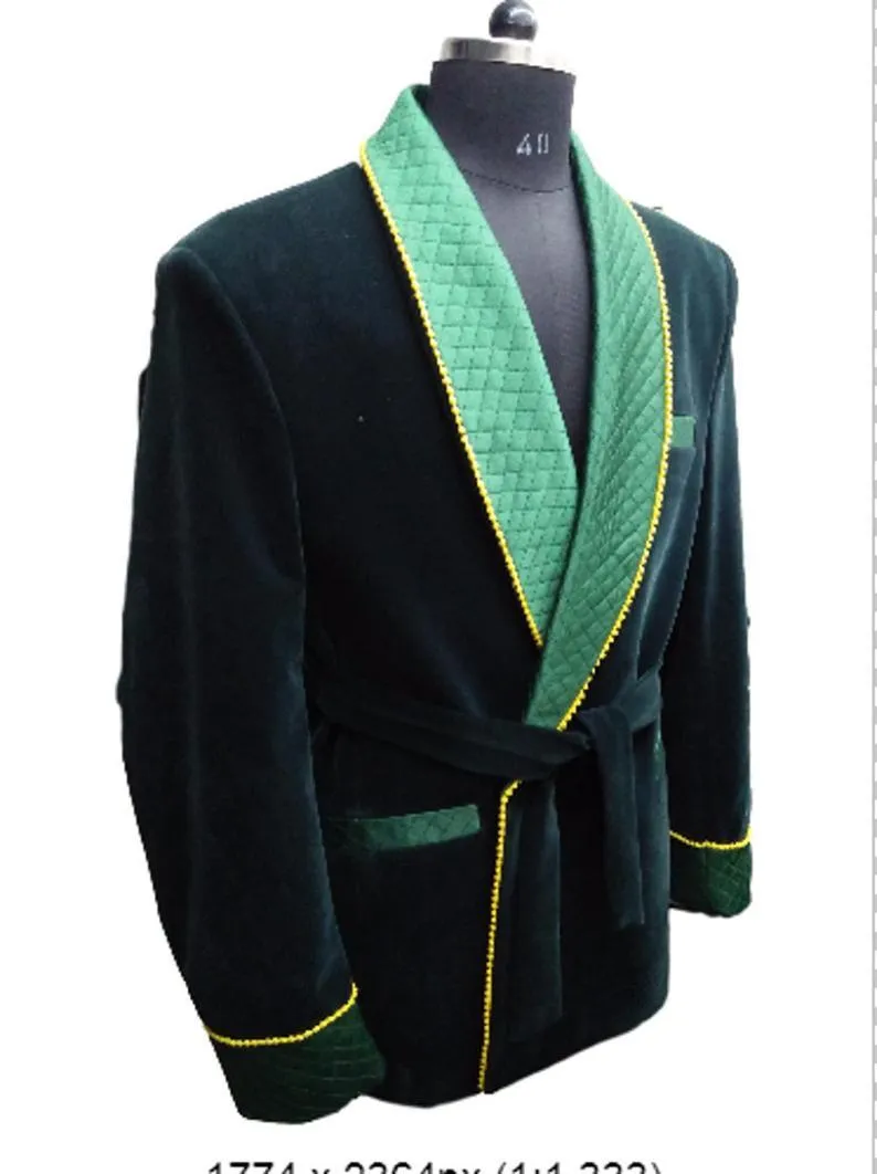 Men's Elegant Quilted Green Velvet Jacket Hosting Evening Party Wear Coat