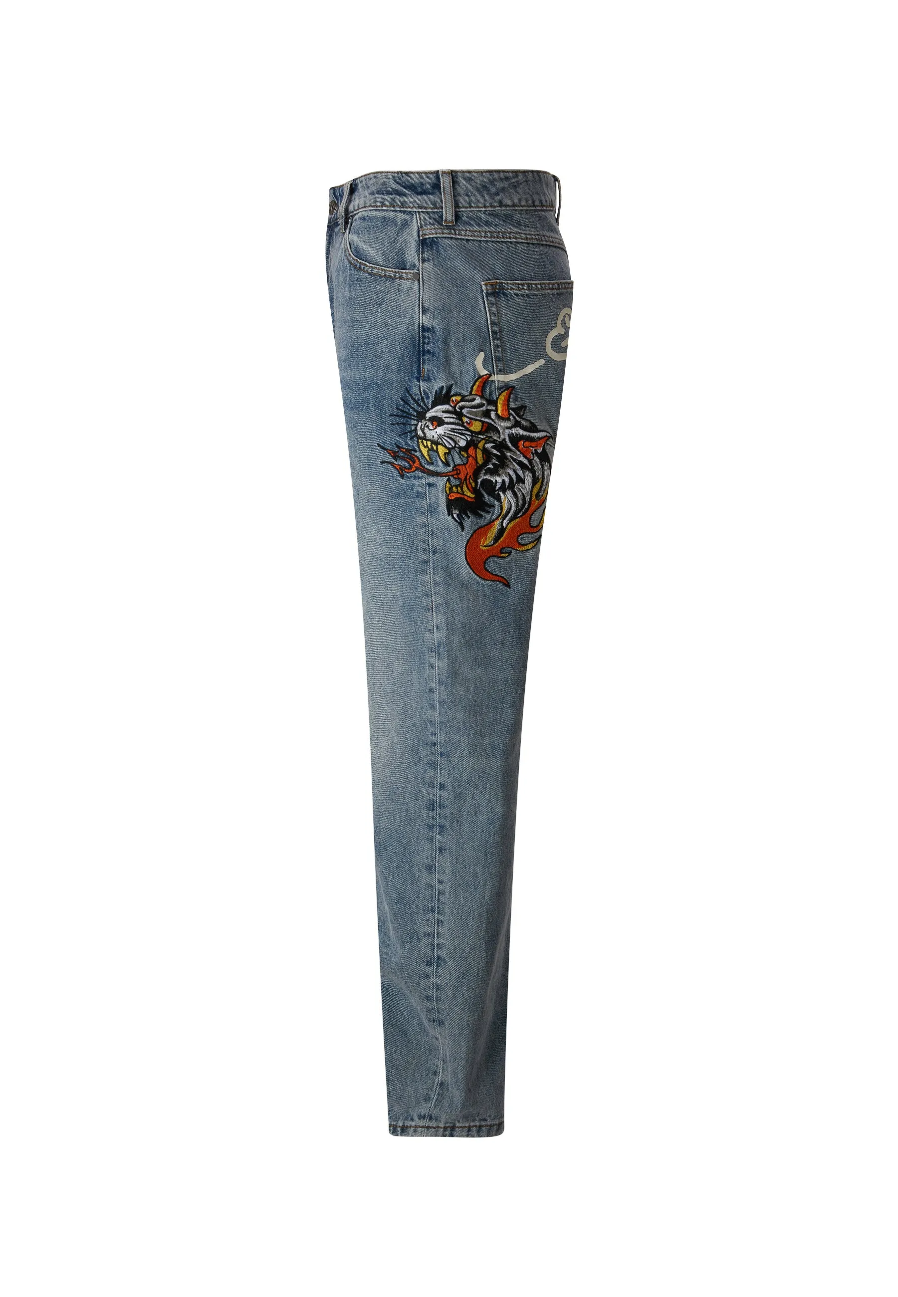 Mens Hell-Cats Tattoo Graphic Denim Trousers Jeans - Bleach