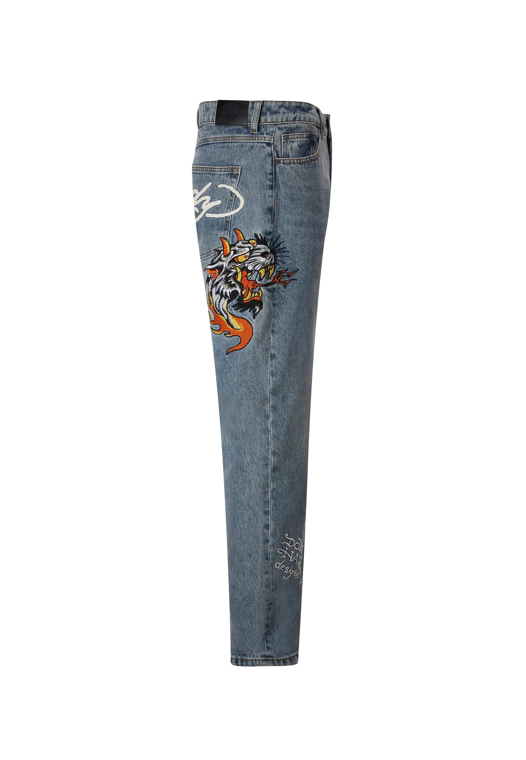 Mens Hell-Cats Tattoo Graphic Denim Trousers Jeans - Bleach