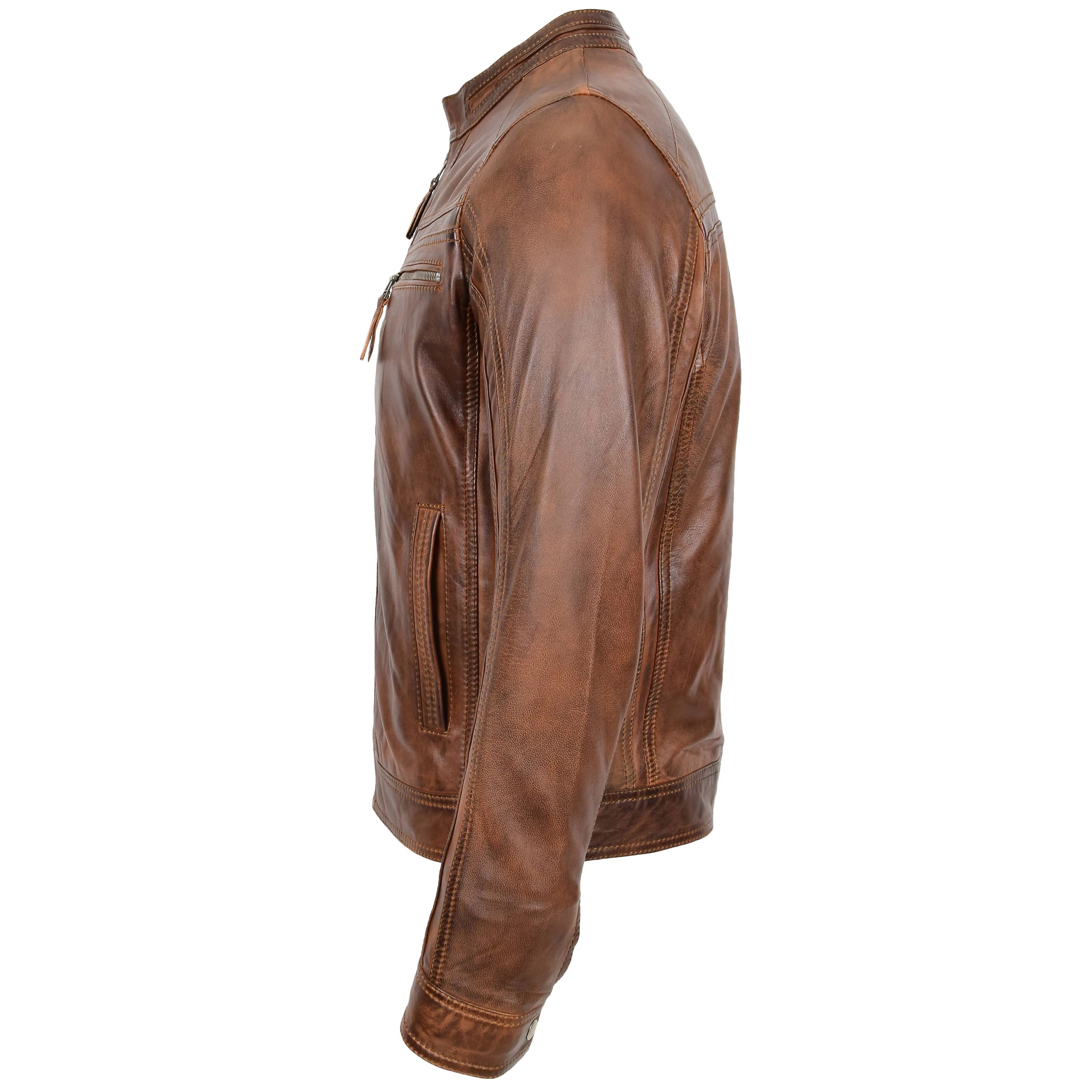 Mens Leather Biker Jacket Vintage Band Collar Fitted CALVIN Antique Brown