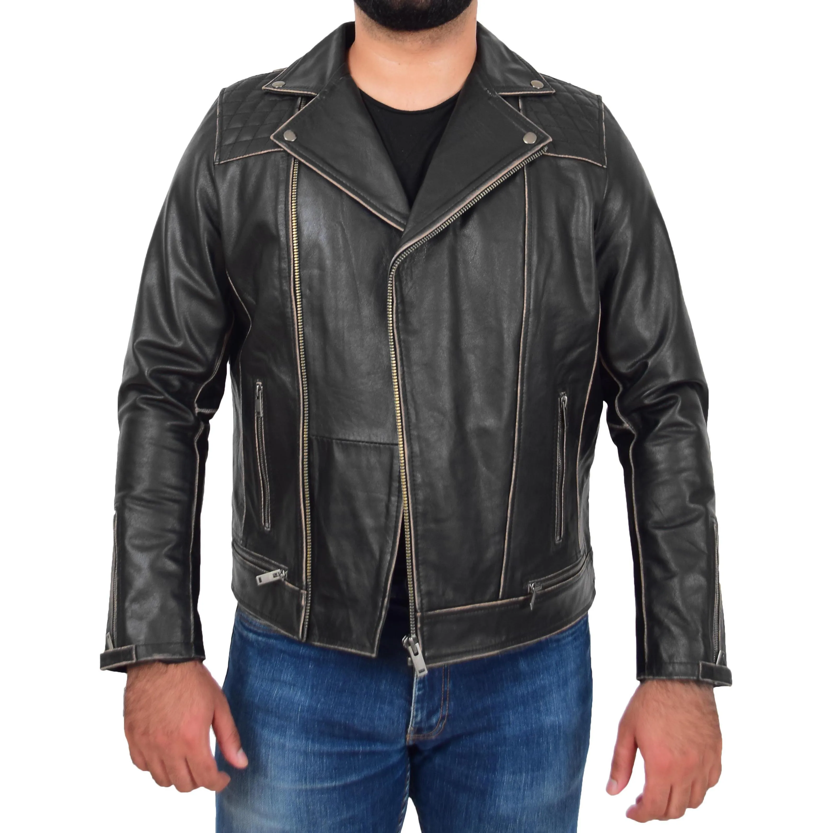 Mens Real Leather Biker Jacket Cruz Rub Off