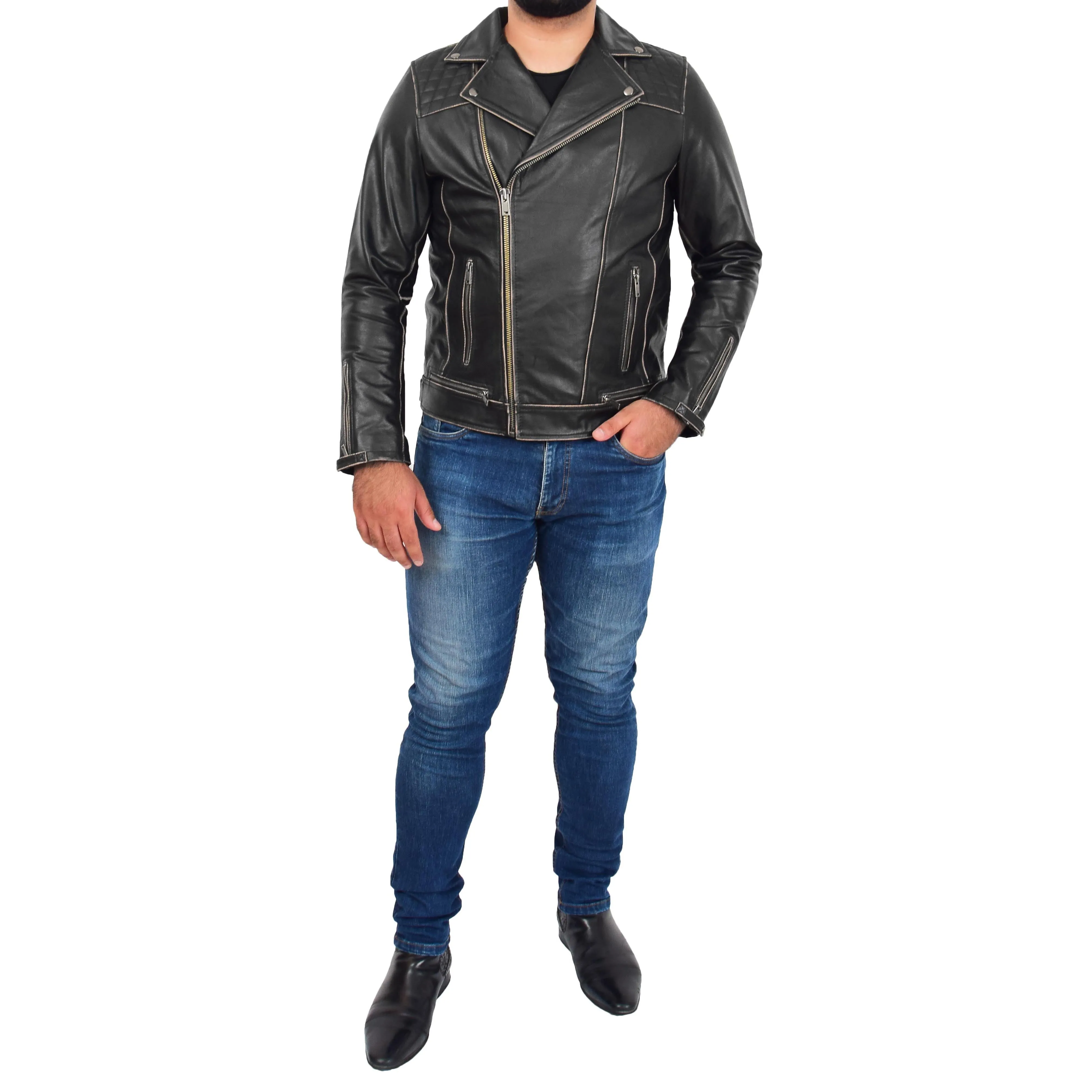 Mens Real Leather Biker Jacket Cruz Rub Off