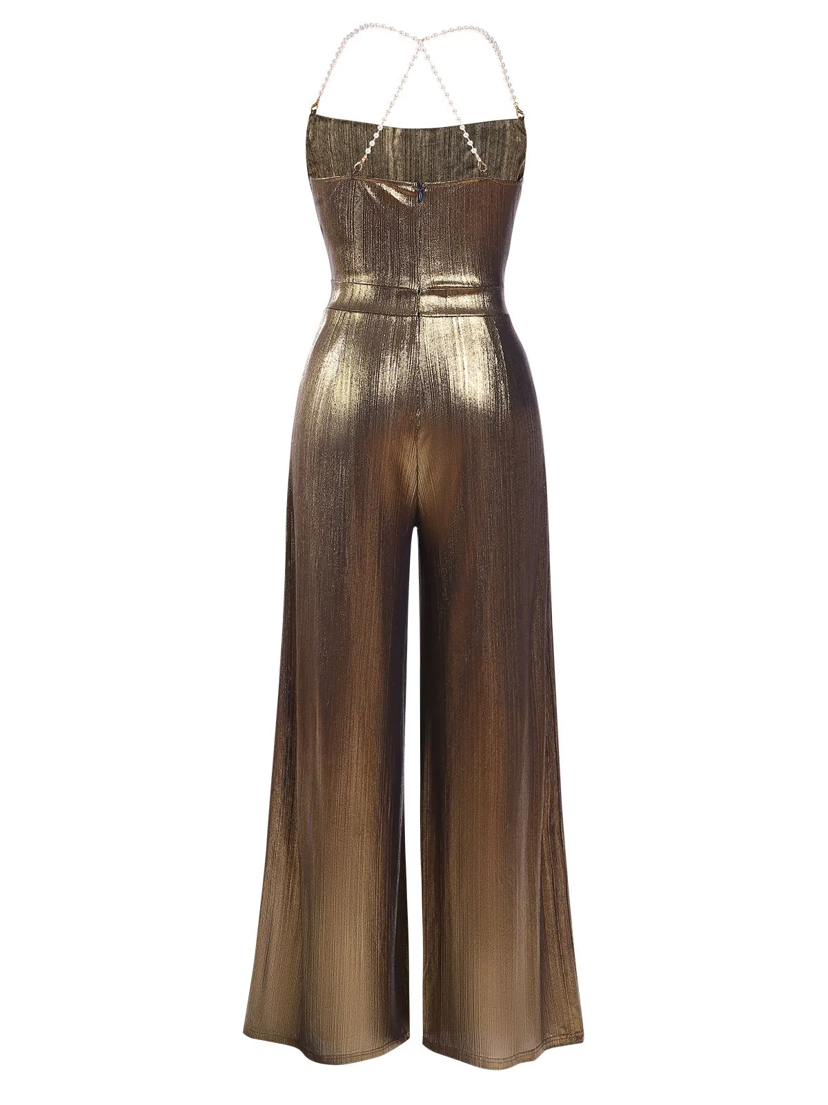 Metallic Gold 1980s Cowl Neck Spaghetti Strap Jumpsuit