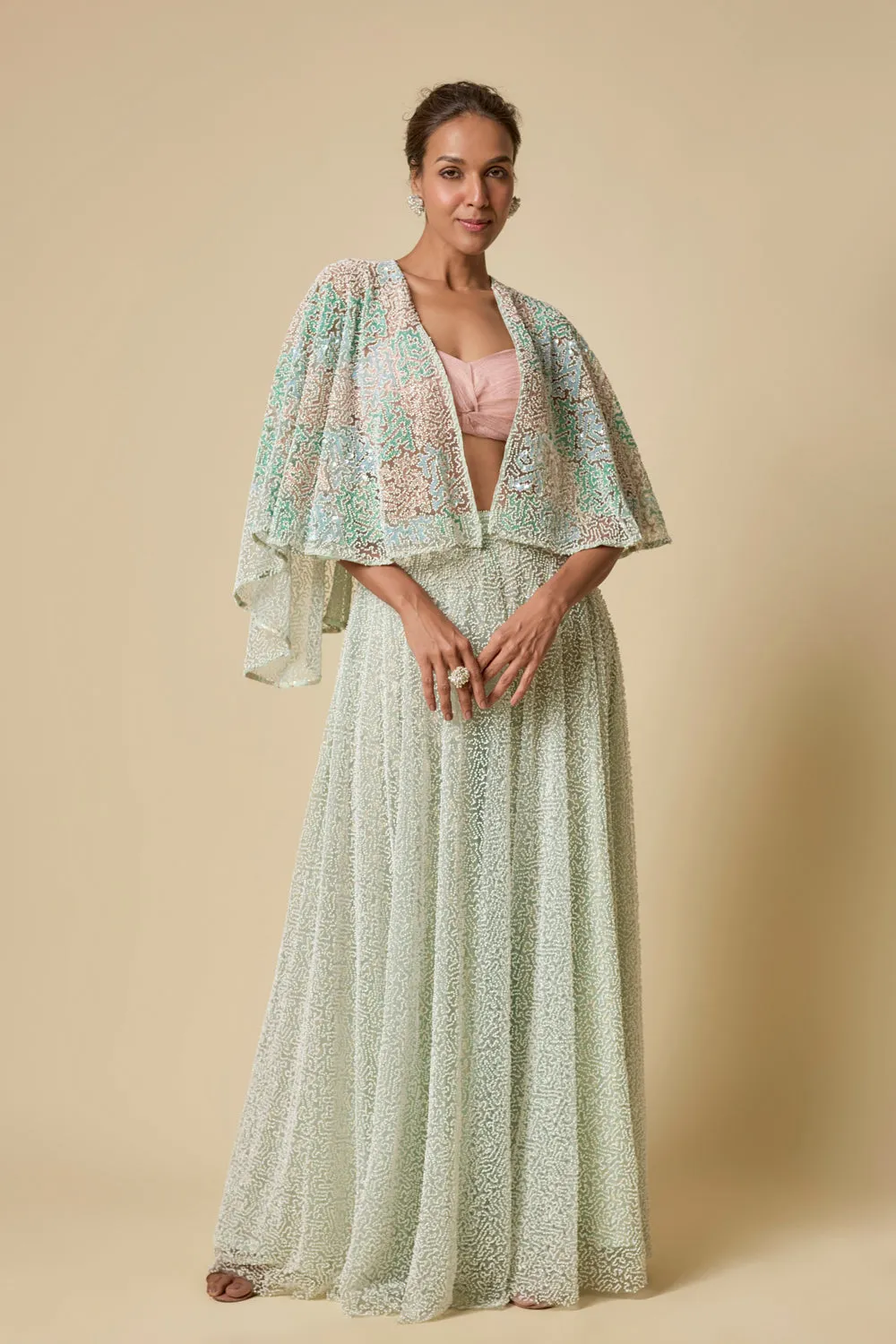 Mint Heavy Gharara Pant With Peach Blouse And Mint Embroidered Cape