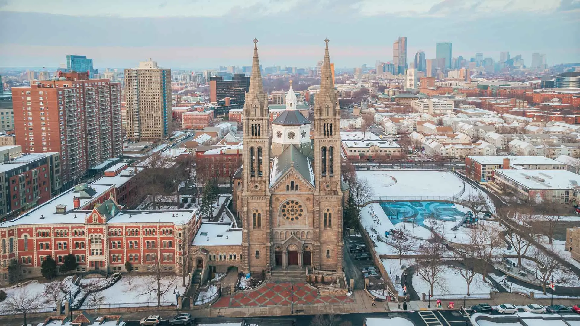 MISSION HILL: AREA AROUND BOSTONs BASILICA IN WINTER