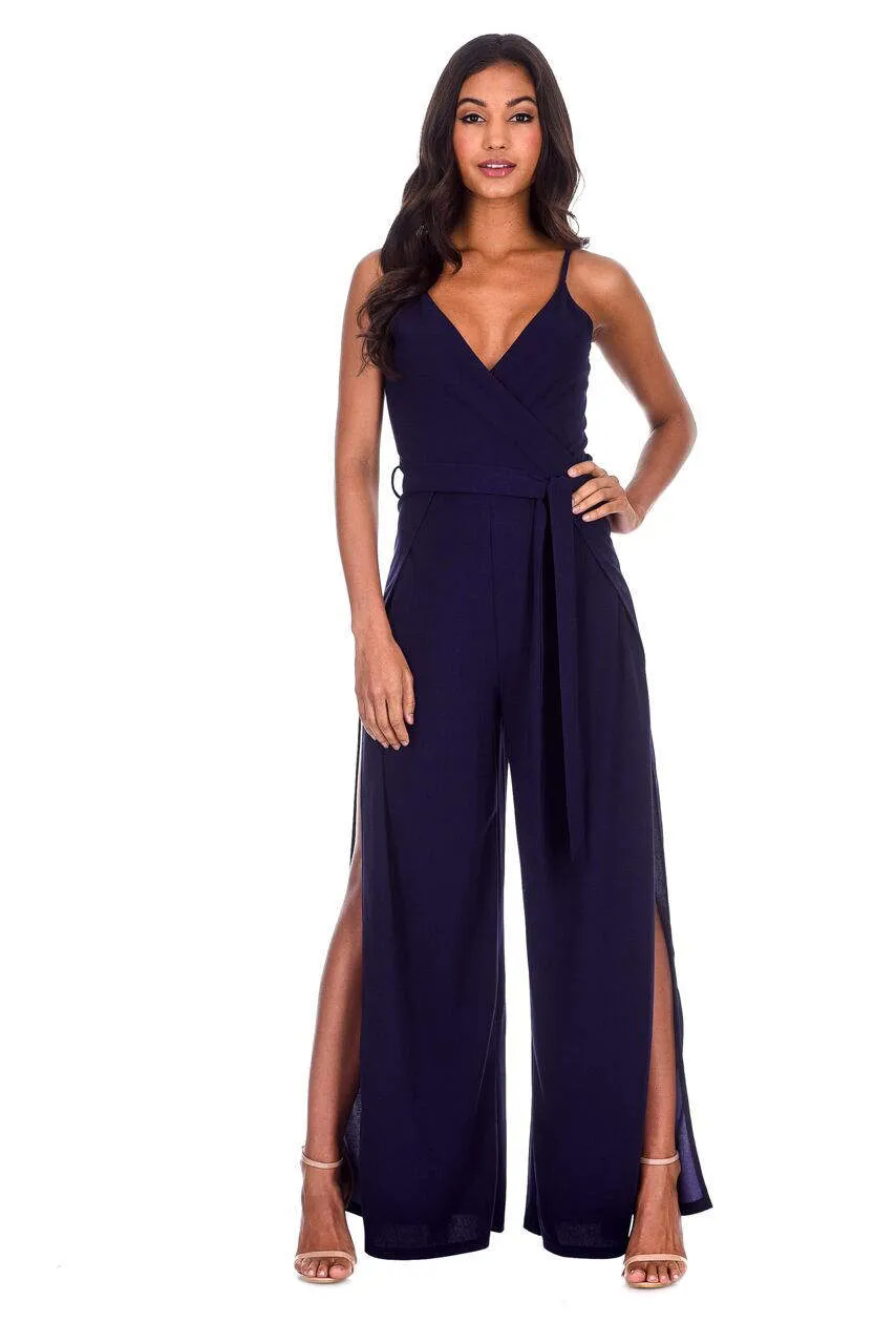 Navy Wide Leg Thigh Split Jumpsuit