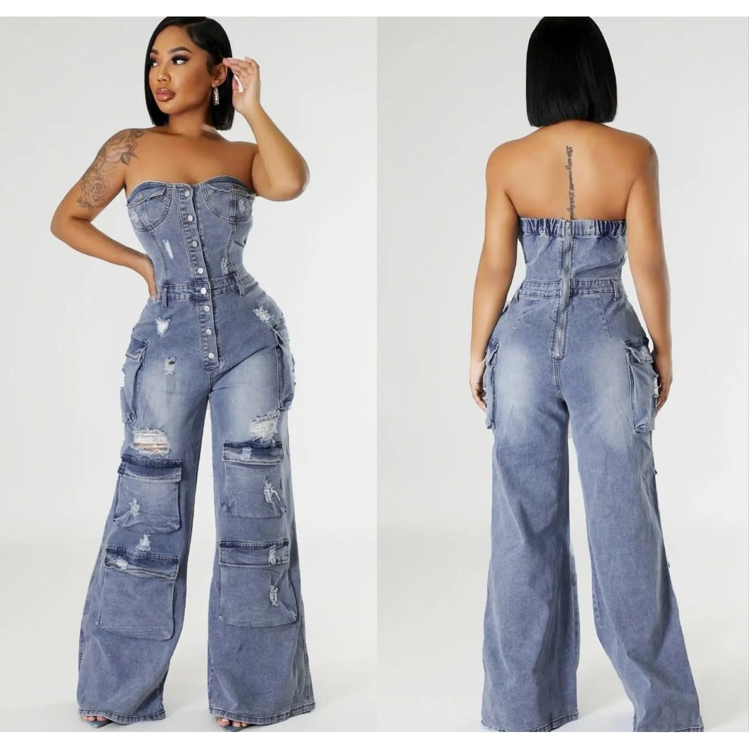 Off-Shoulder Fashion Denim Jumpsuit